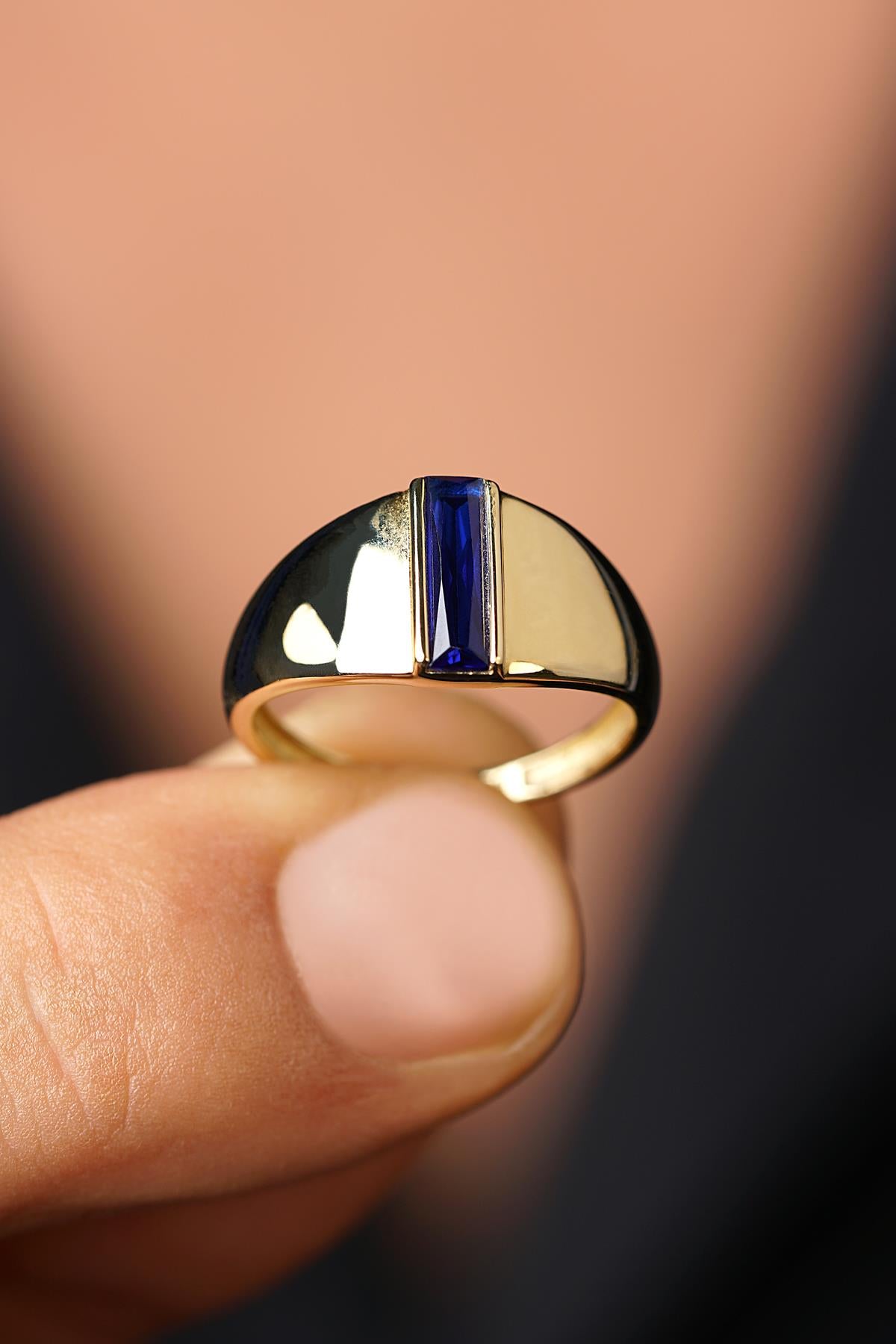 14K Solid Gold Sapphire Bar Ring