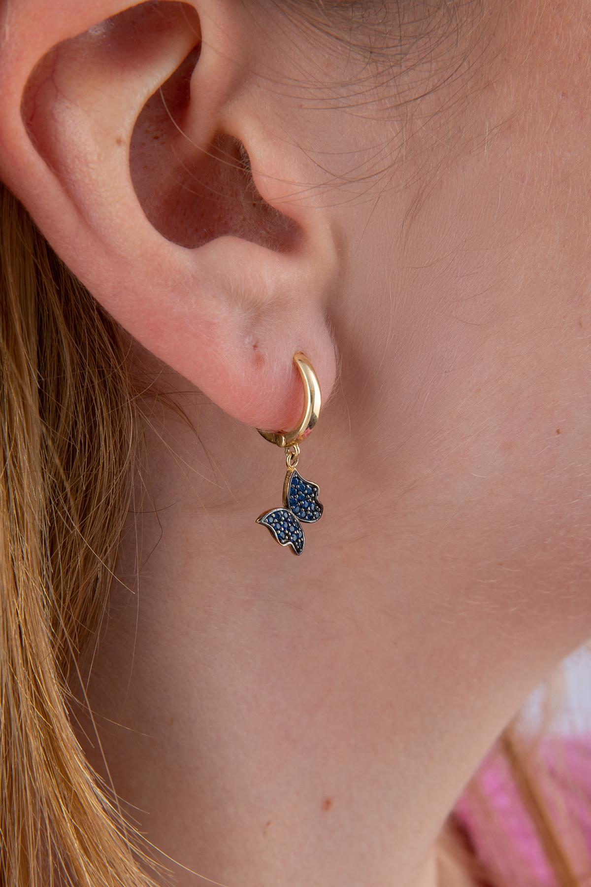 14K Gold Sapphire Stone Butterfly Huggie Earrings