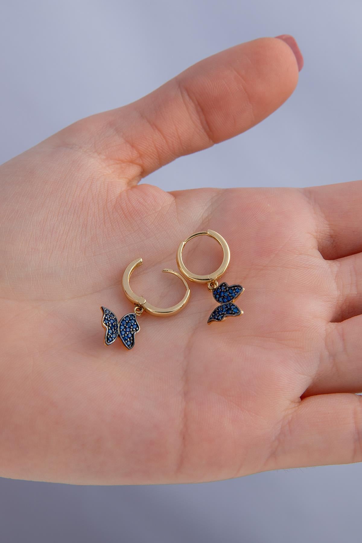 14K Gold Sapphire Stone Butterfly Huggie Earrings