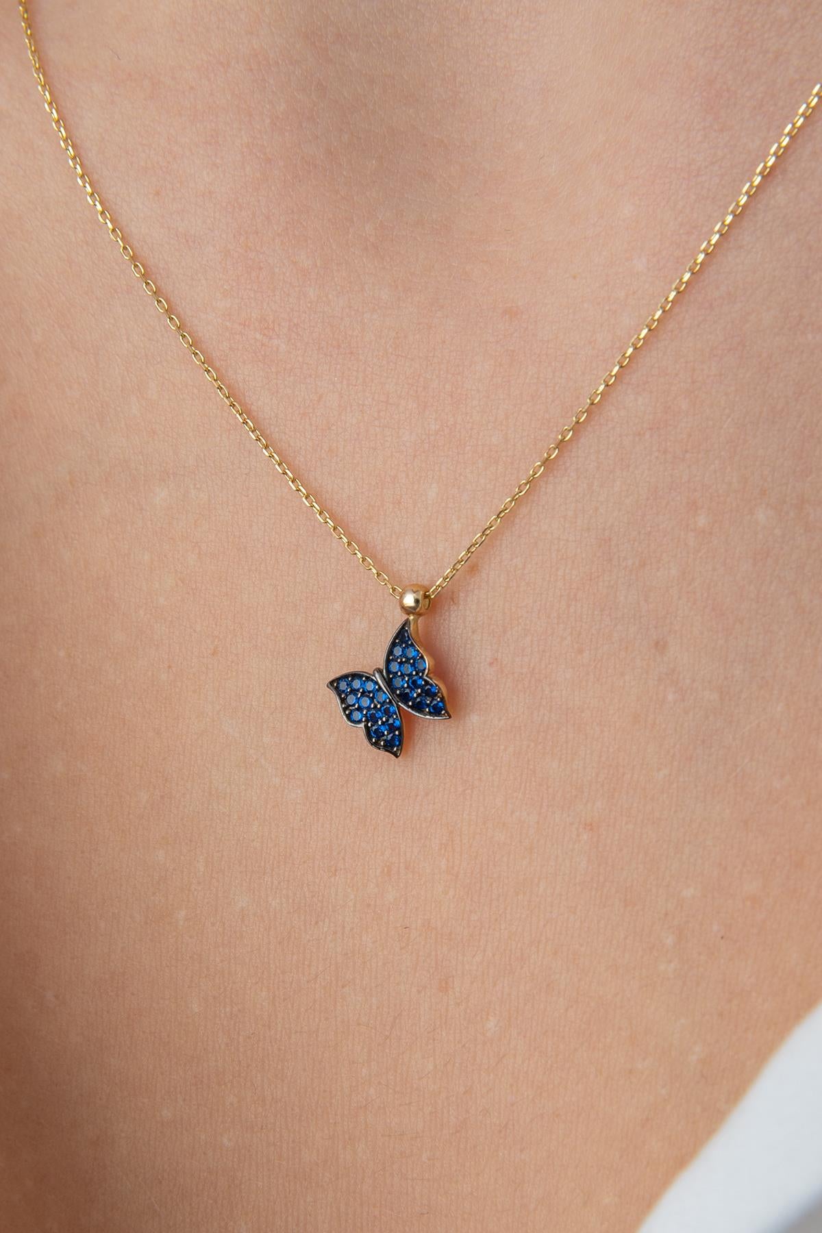 14K Gold Sapphire Stone Butterfly Necklace