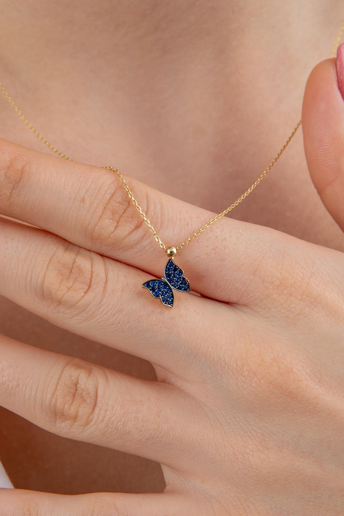 14K Gold Sapphire Stone Butterfly Necklace