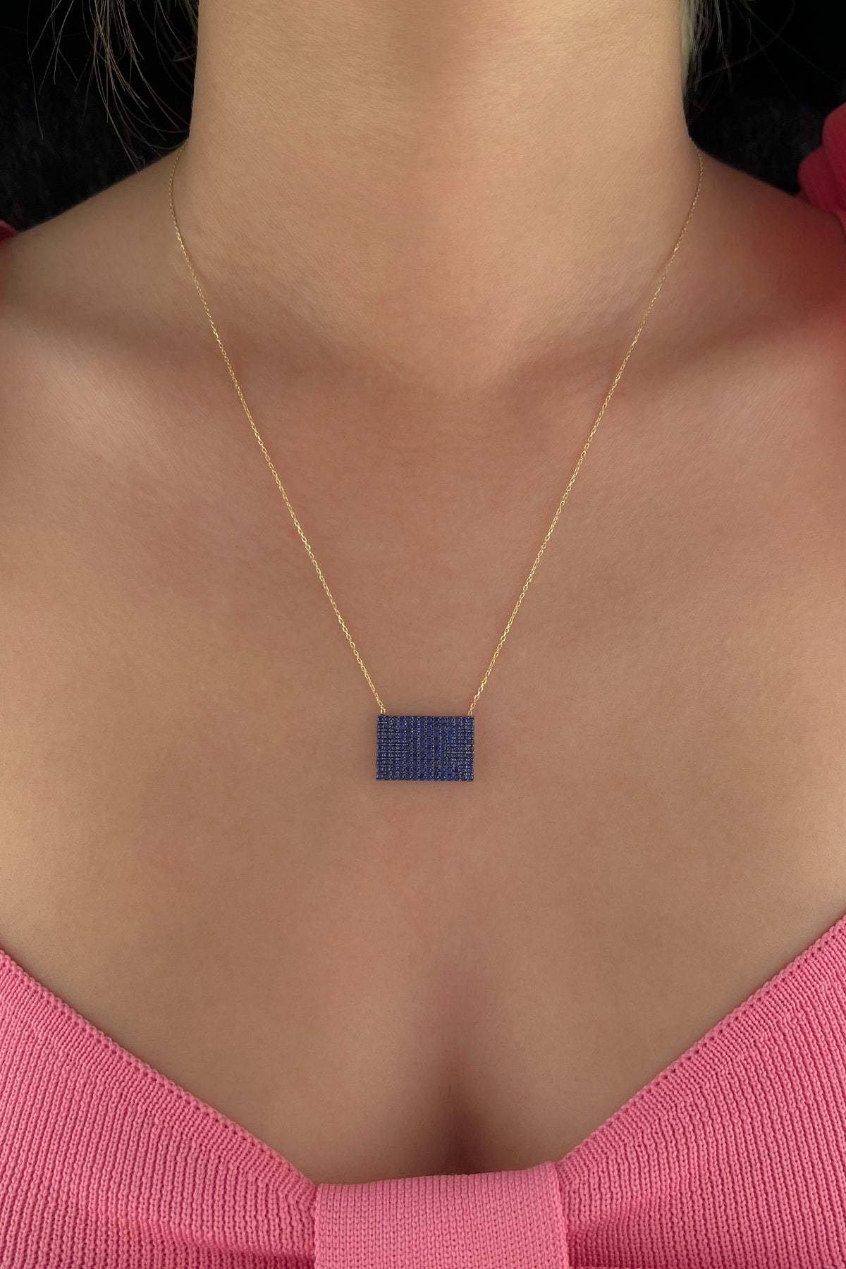 14K Gold Sapphire Stones Designed Rectangle Necklace