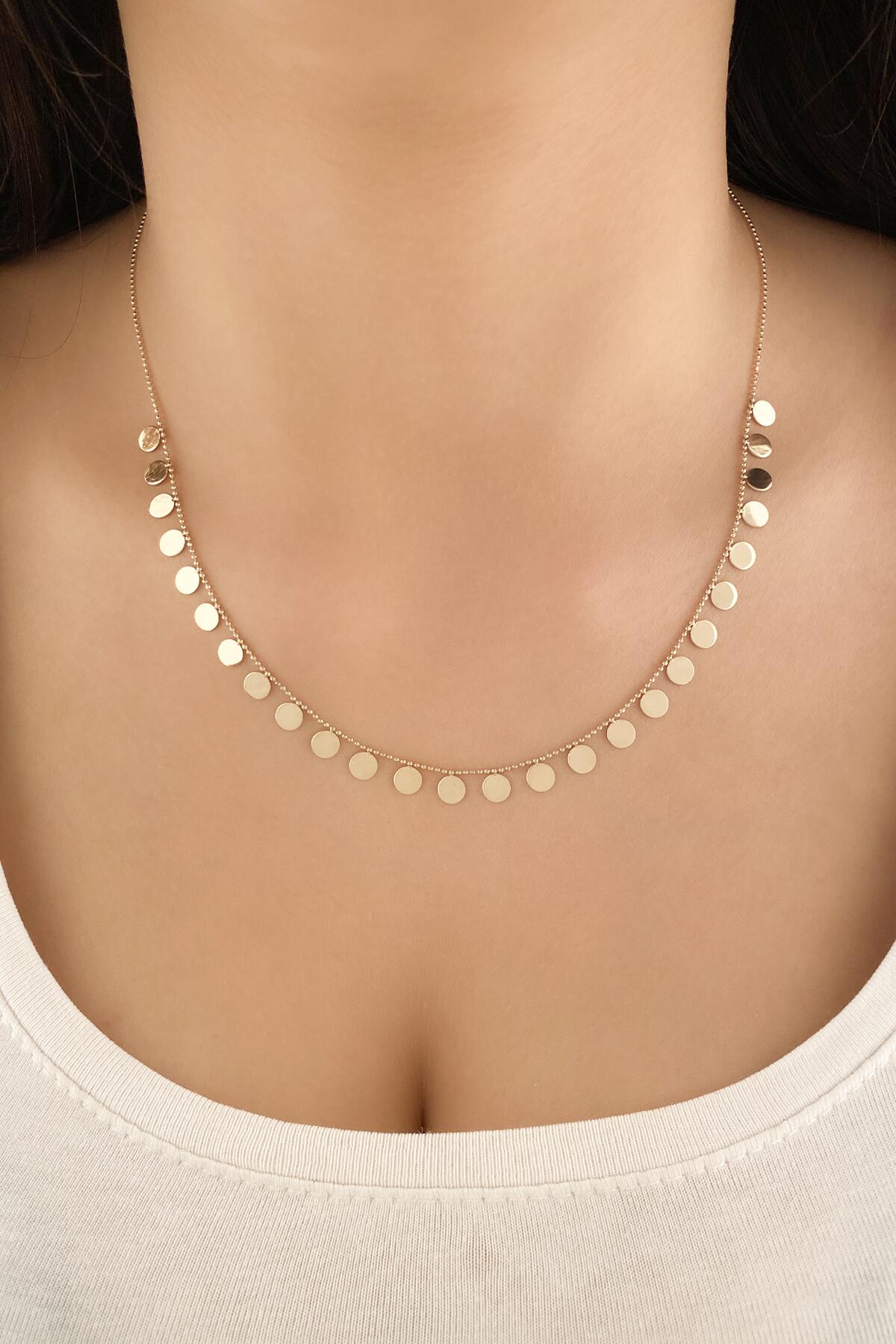 14K Gold Sequin Round Dangle Chain Set ( Necklace - Bracelet )