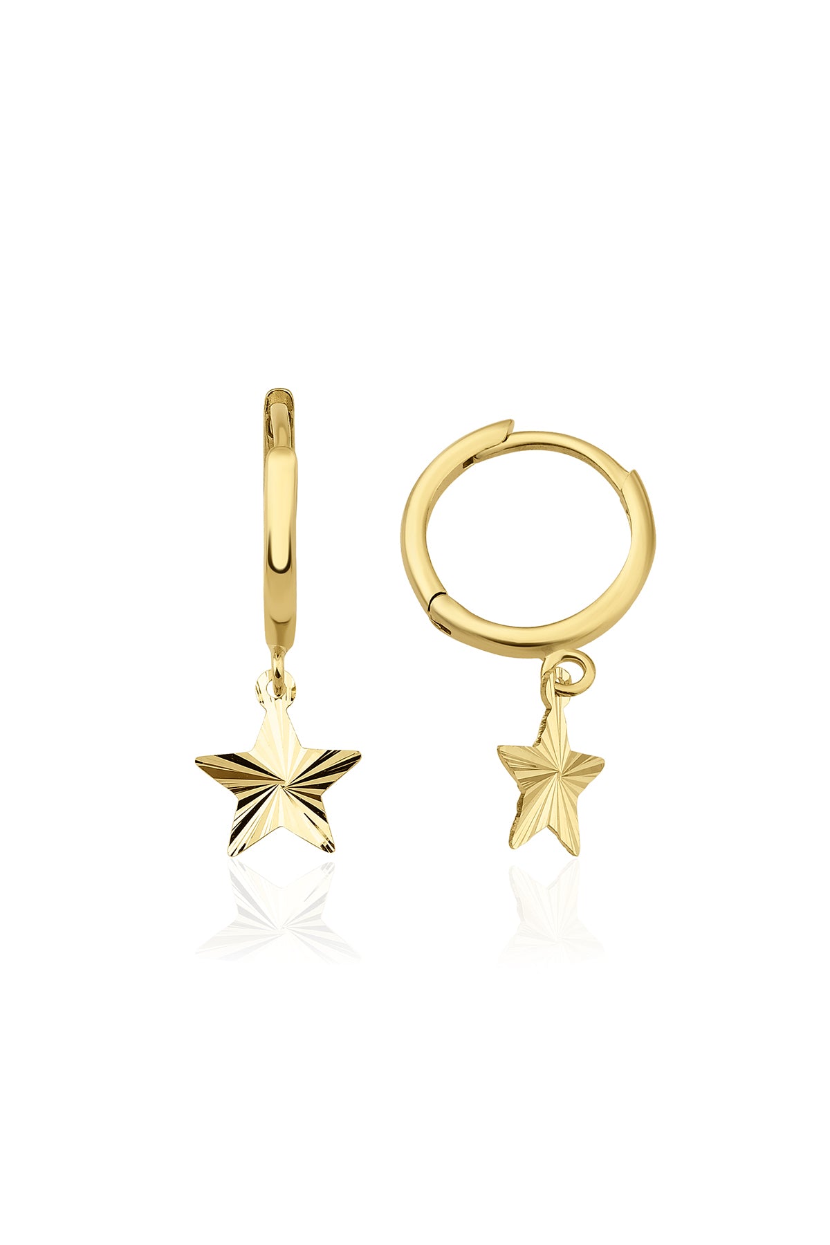 14K Gold Shiny Star Dangle Huggie Earrings