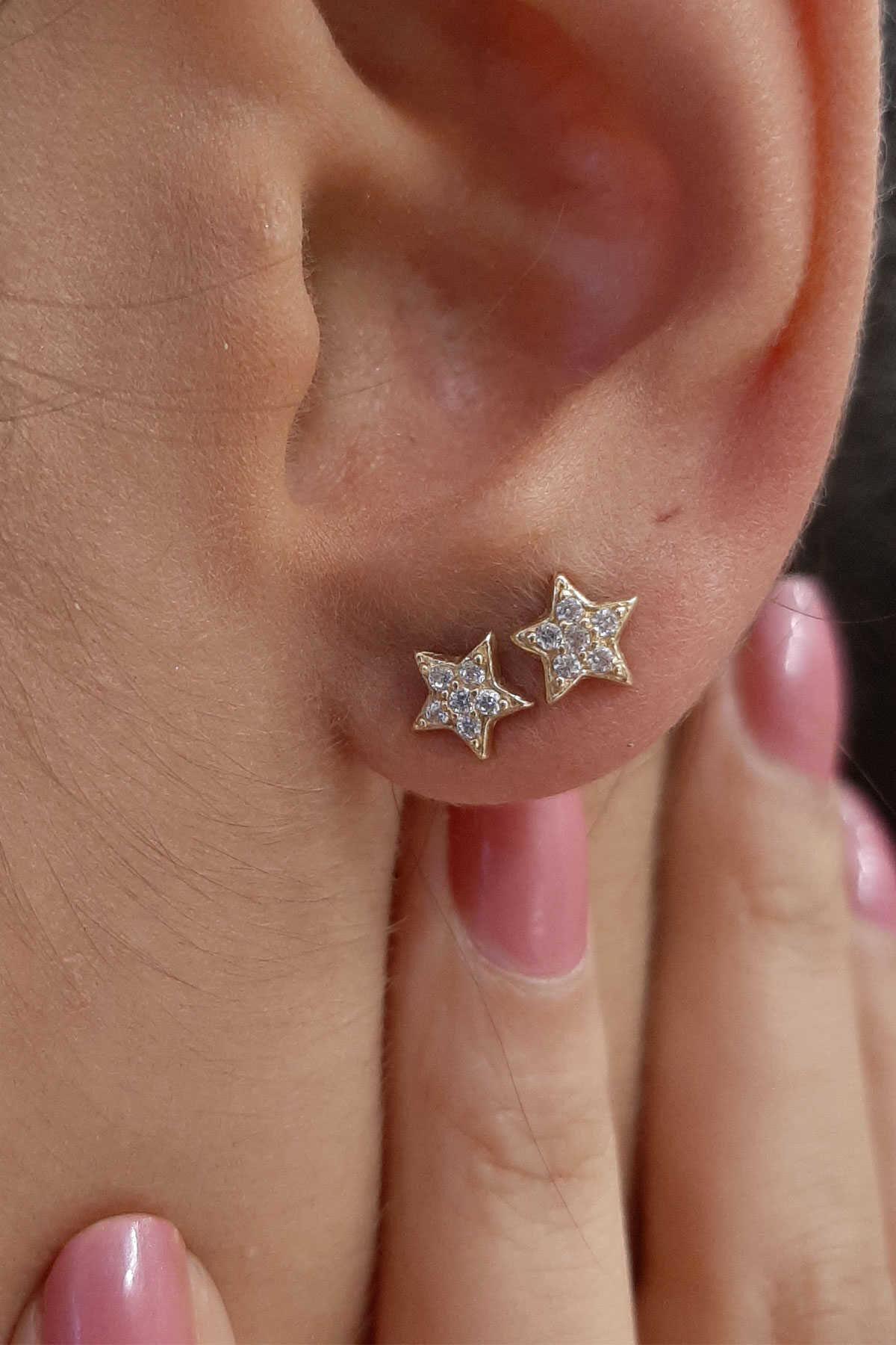 14K Gold Small Star Stone Stud Earrings