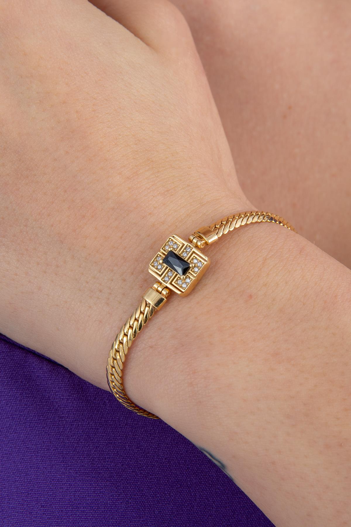14K Gold Snake Chain Black Baguette Bracelet