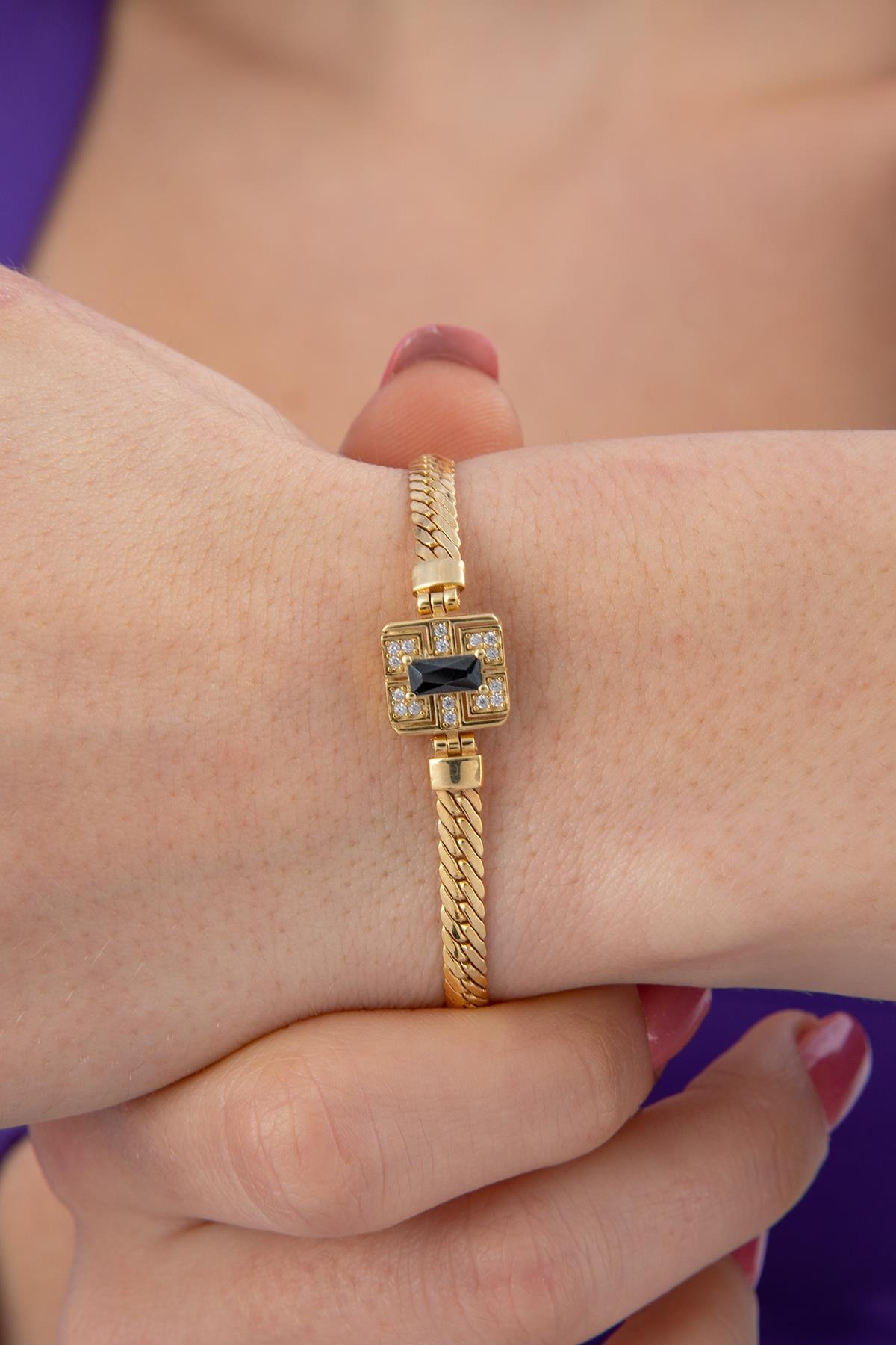 14K Gold Snake Chain Black Baguette Bracelet