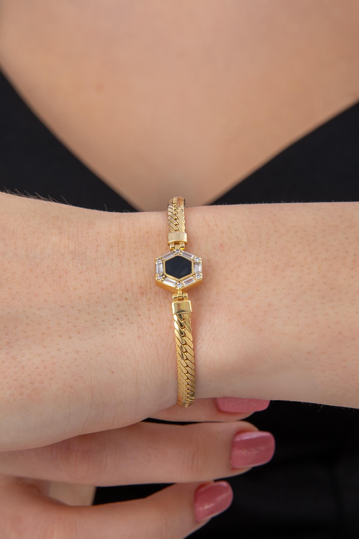 14K Gold Snake Chain Black Enamel Hexagon Shaped Bracelet