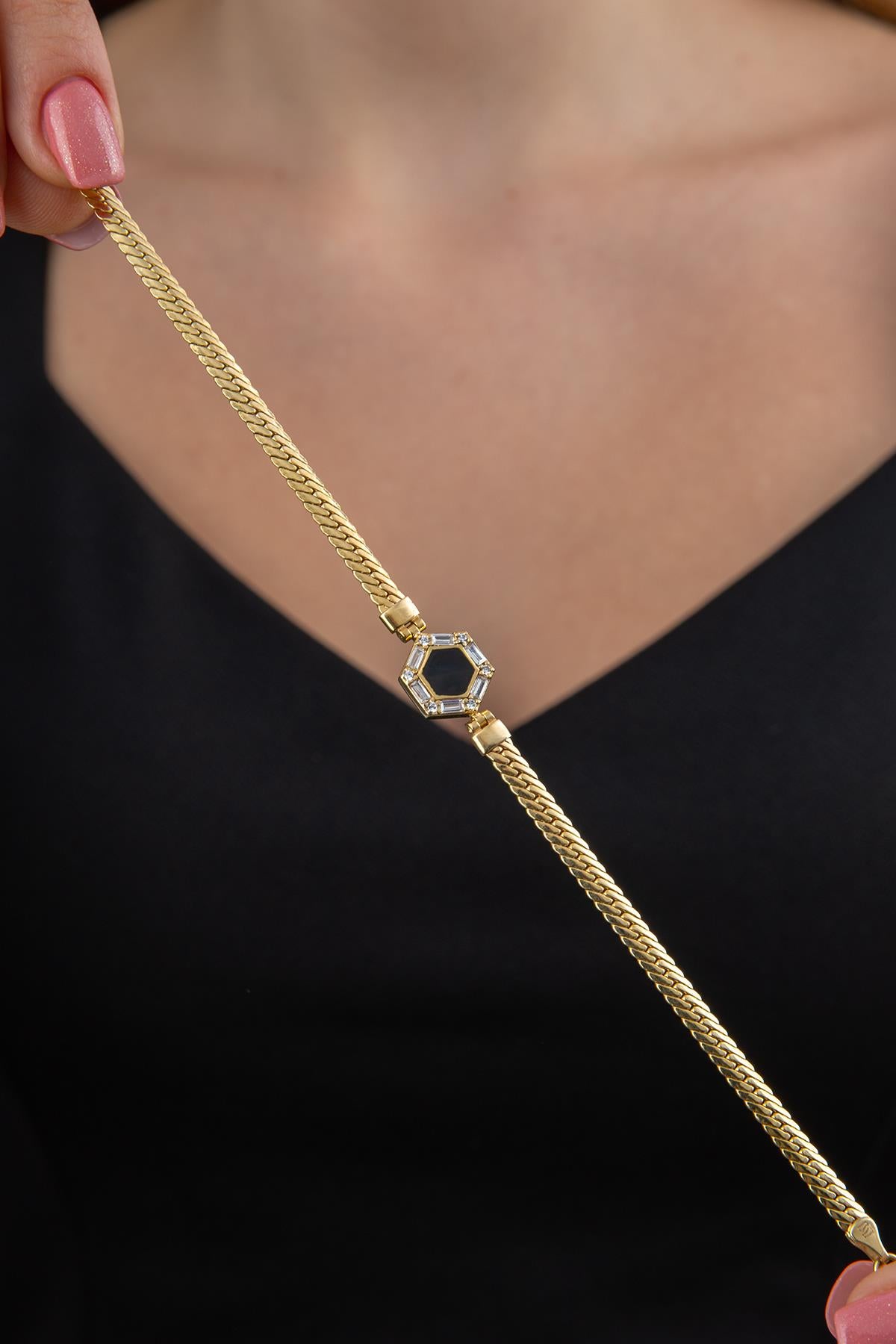 14K Gold Snake Chain Black Enamel Hexagon Shaped Bracelet