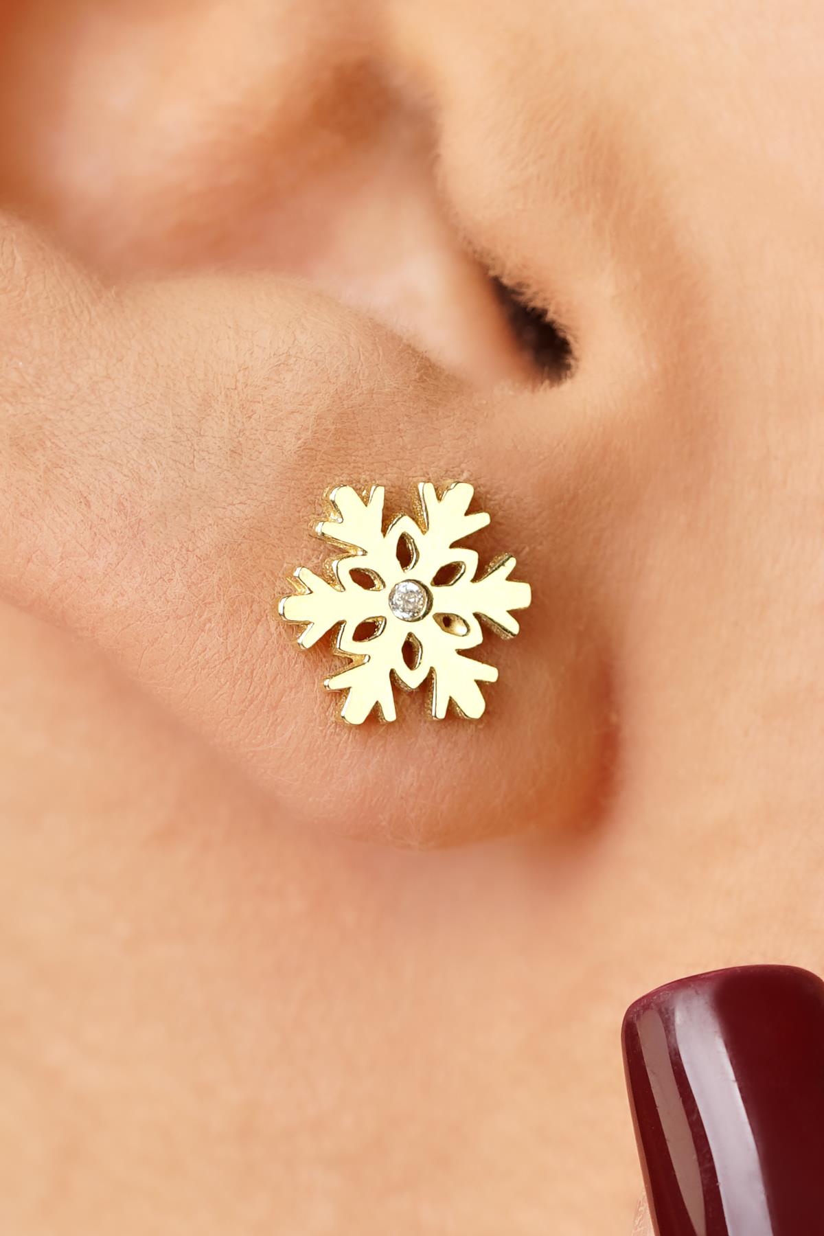 14K Solid Gold Snowflake Studs with Solitaire