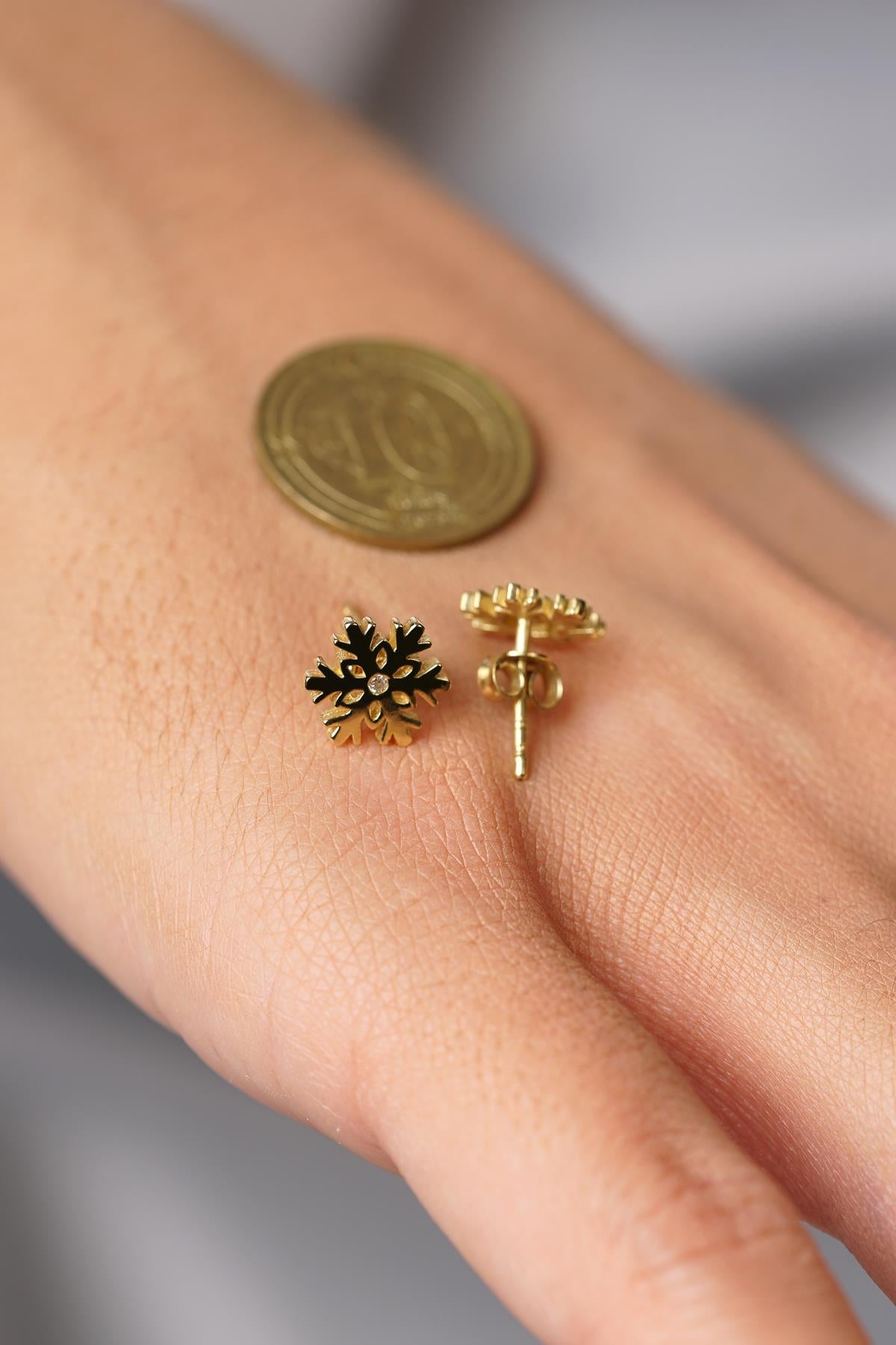 14K Solid Gold Snowflake Studs with Solitaire