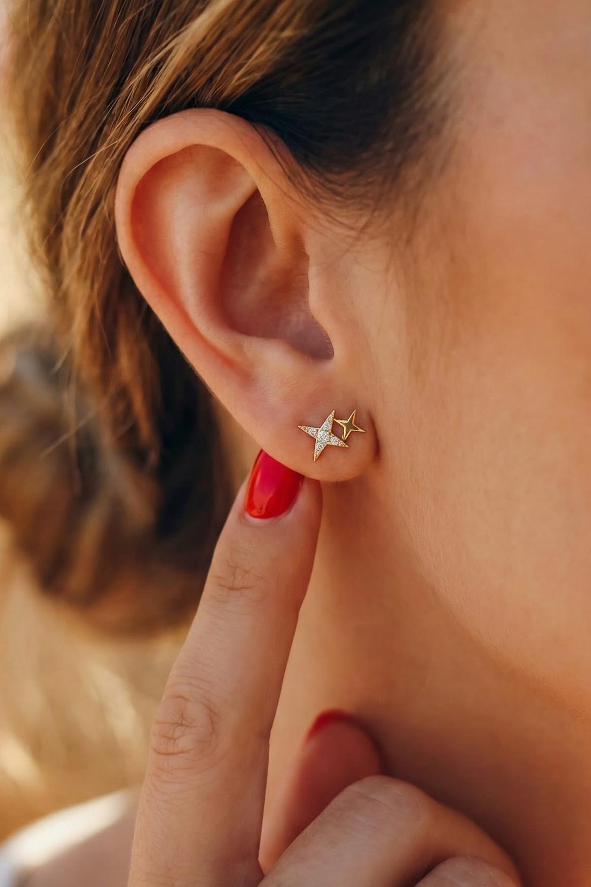 14K Gold Sparkle Pave Double Star Earrings