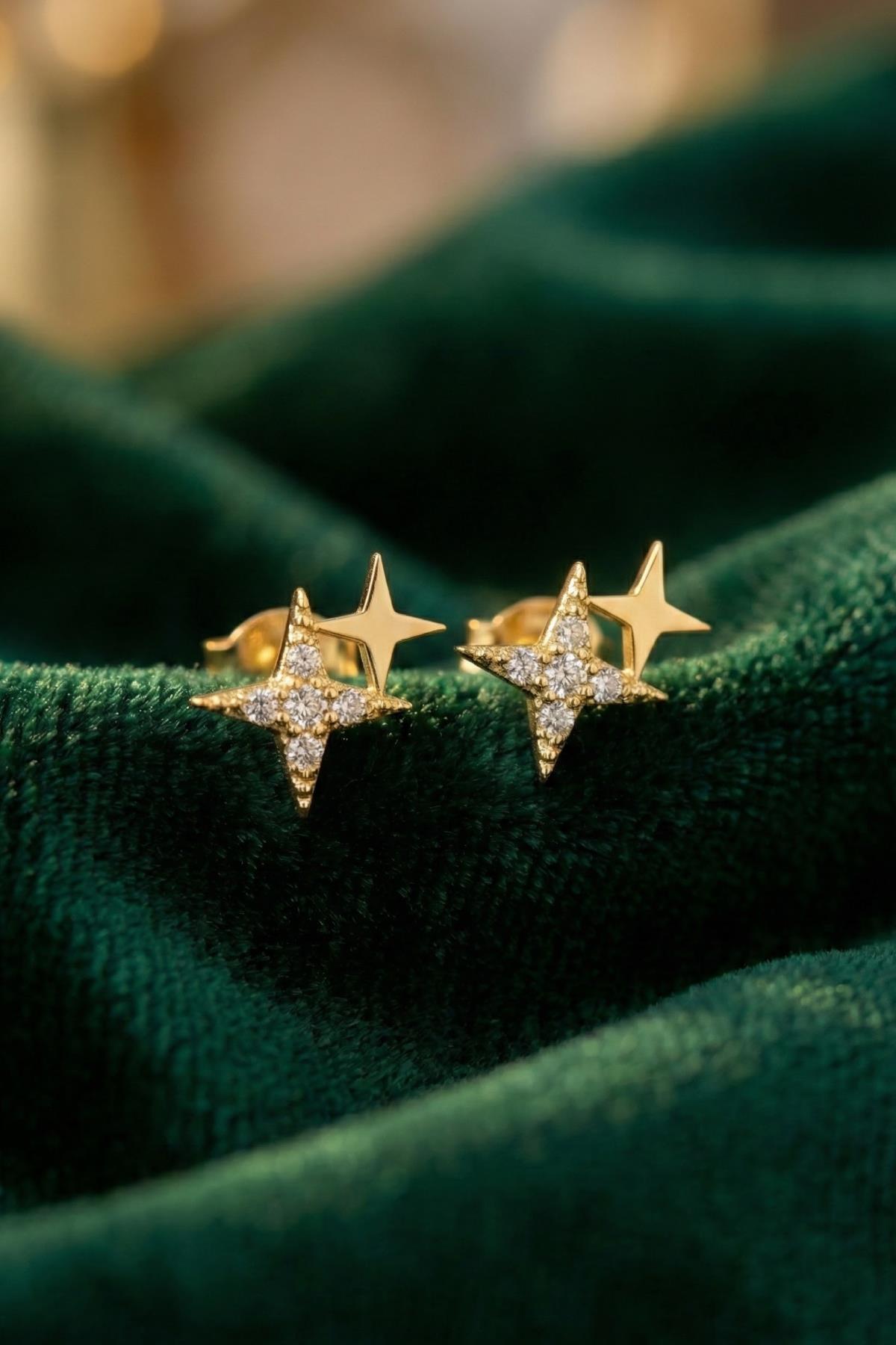14K Gold Sparkle Pave Double Star Earrings