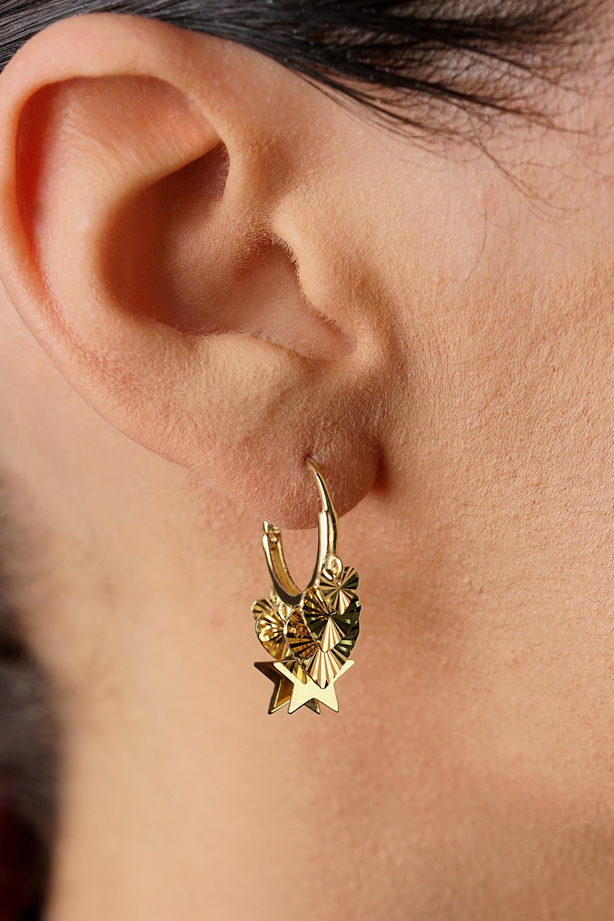 14K Gold Sparkling Heart Star Dangle Hoop Earrings