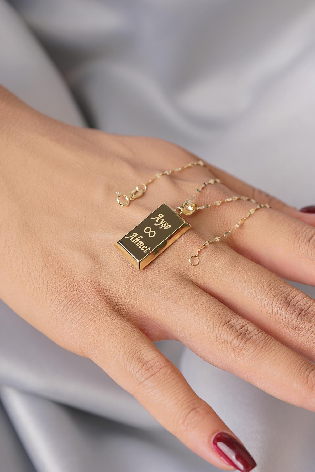 14K Solid Gold Sparkling Mirror Chain Gold Bar Necklace