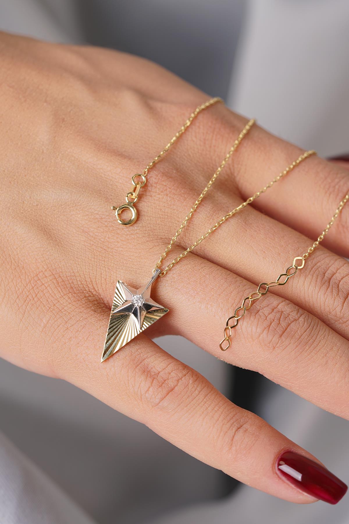 14K Gold Sparkling Star Necklace with Solitaire Detail