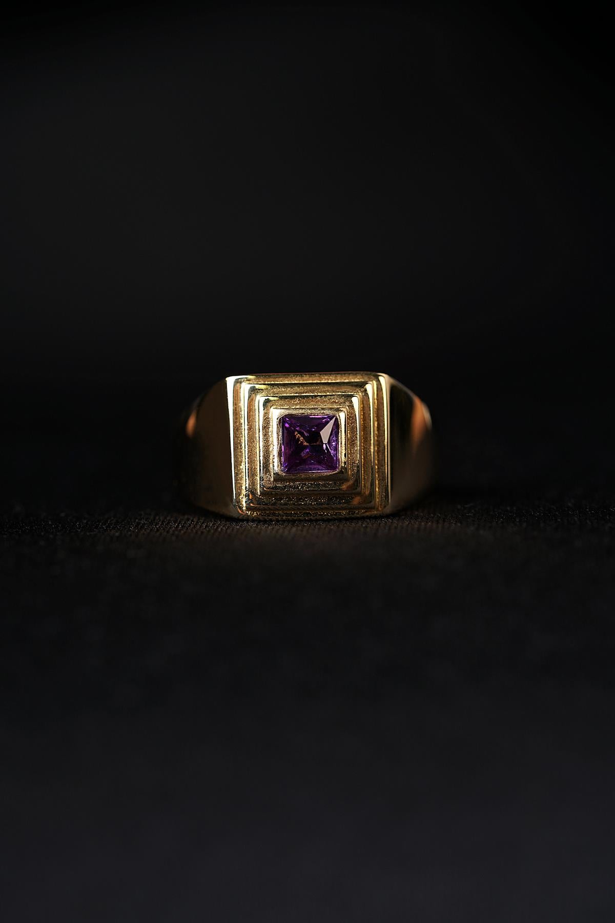 14K Gold Square Striped Amethyst Stone Ring