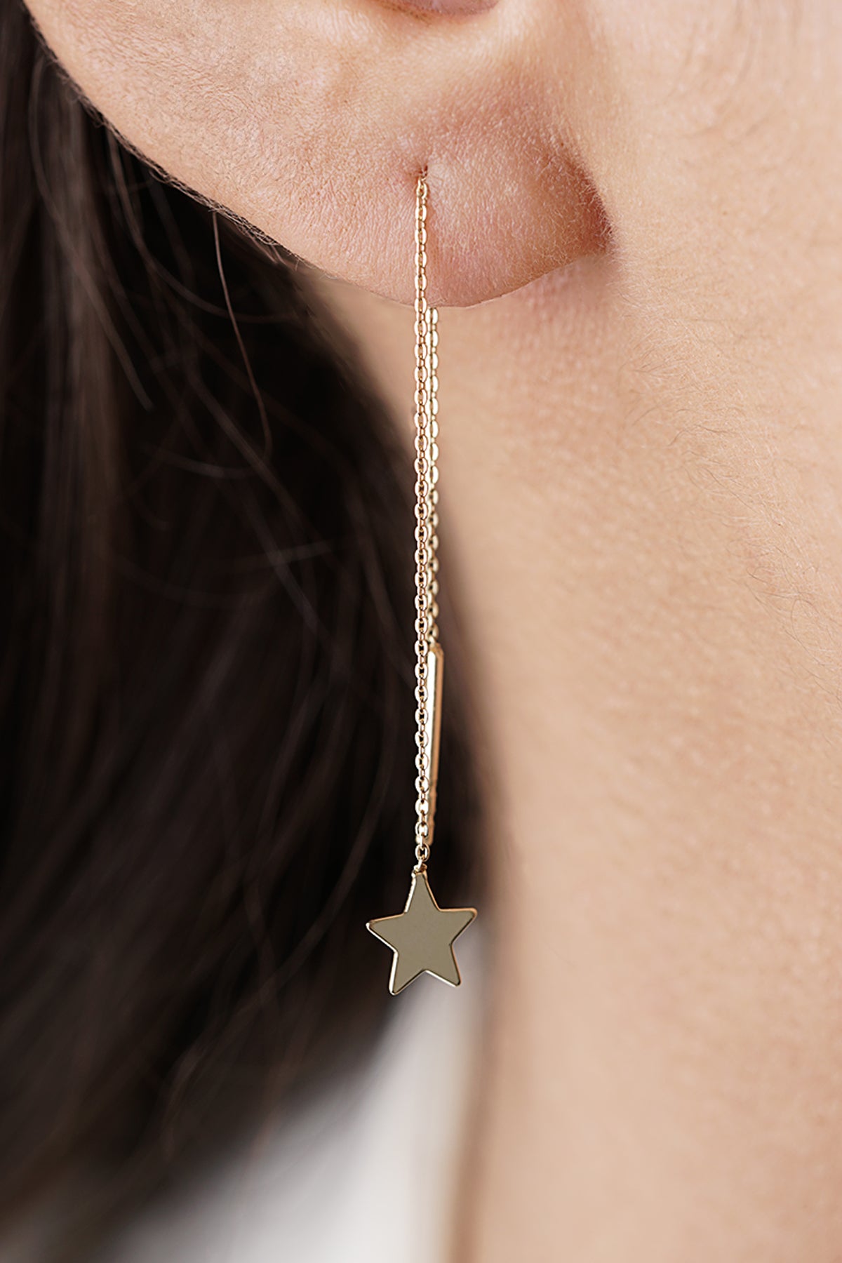 14K Gold Star-Detail Chain Earrings (Single)