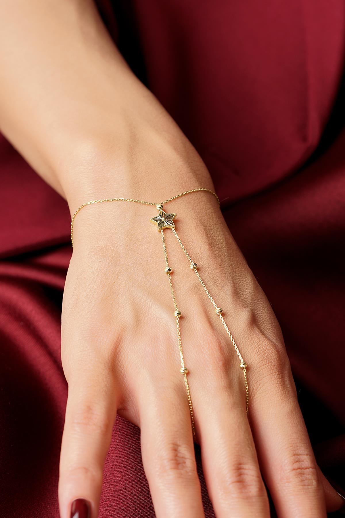 14K Gold Star Hand Chain with Beaded Detail