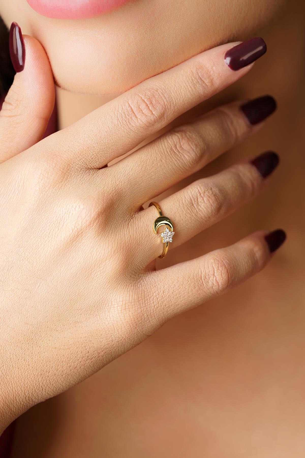 14K Gold Star Moon Ring