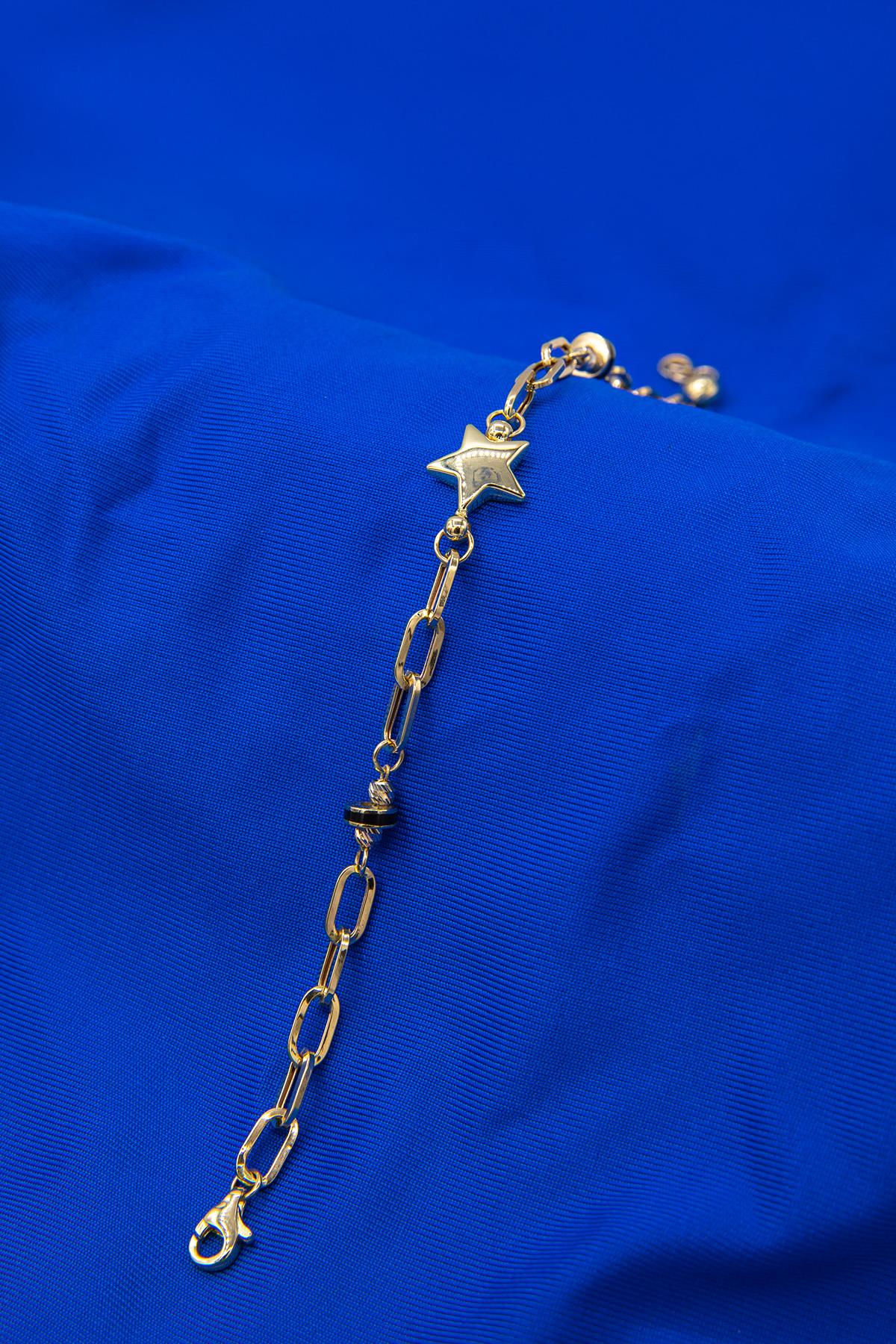 14K Solid Gold Star Oval Paperclip Bracelet