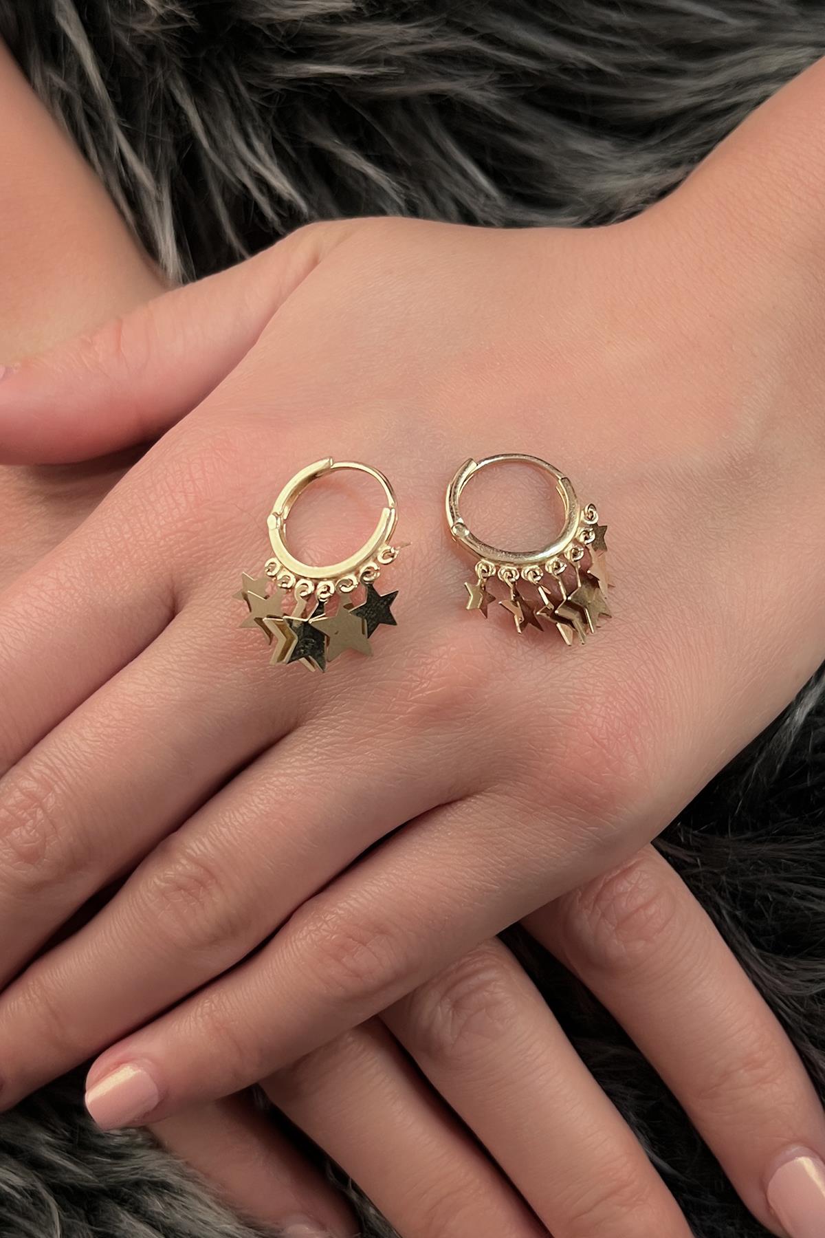 14K Gold Star Shape Dangle Huggie Earrings