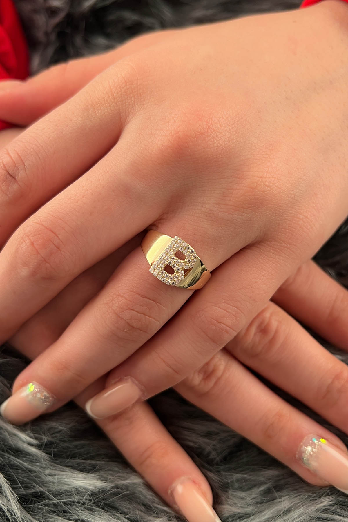 14K Gold Stone B Initial Ring