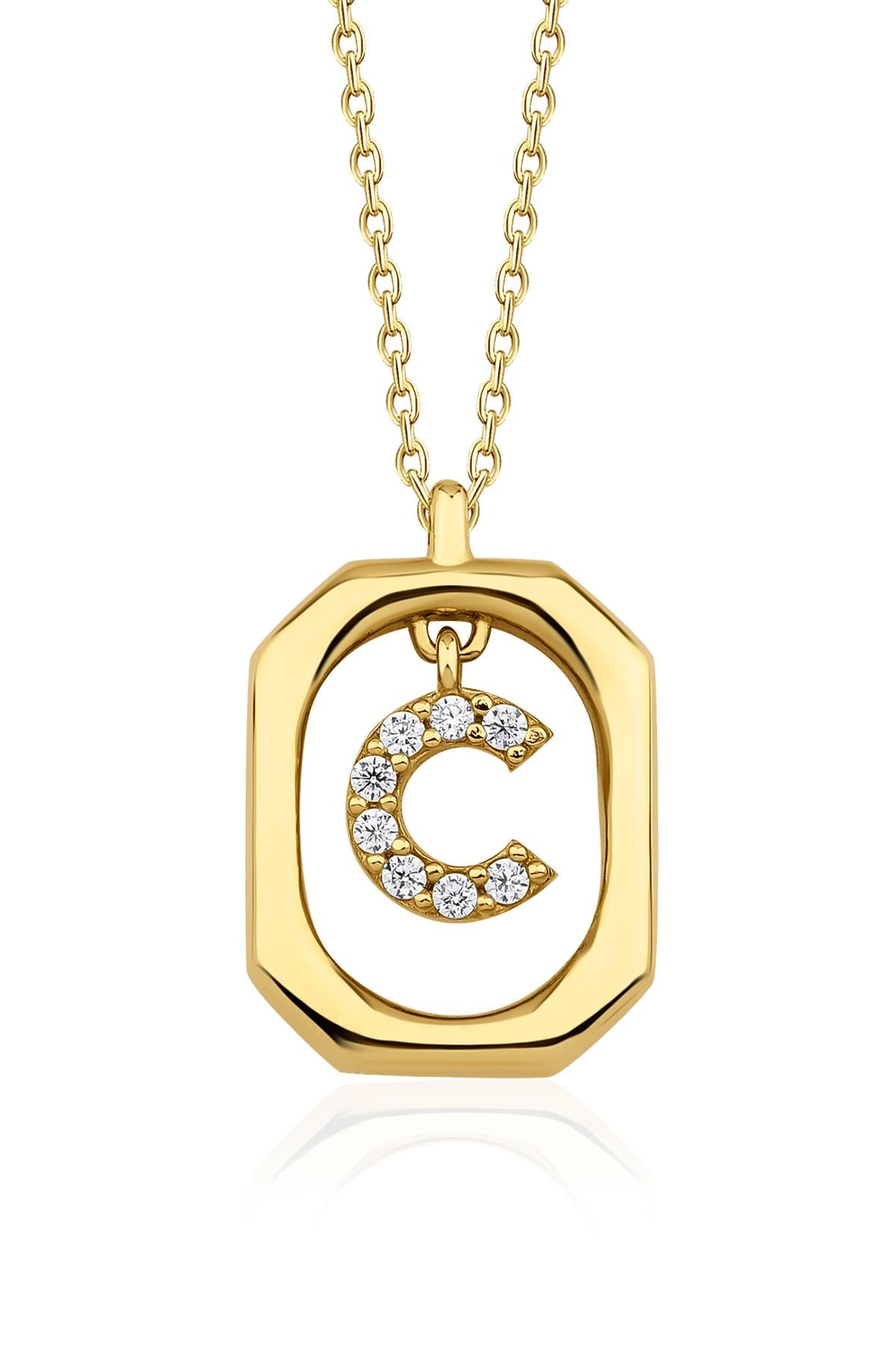 14K Gold Stone C Initial Necklace
