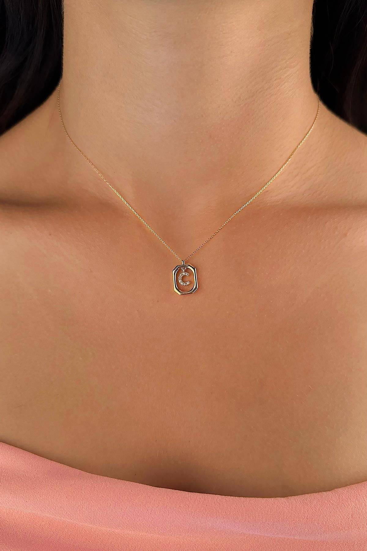 14K Gold Stone C Initial Necklace