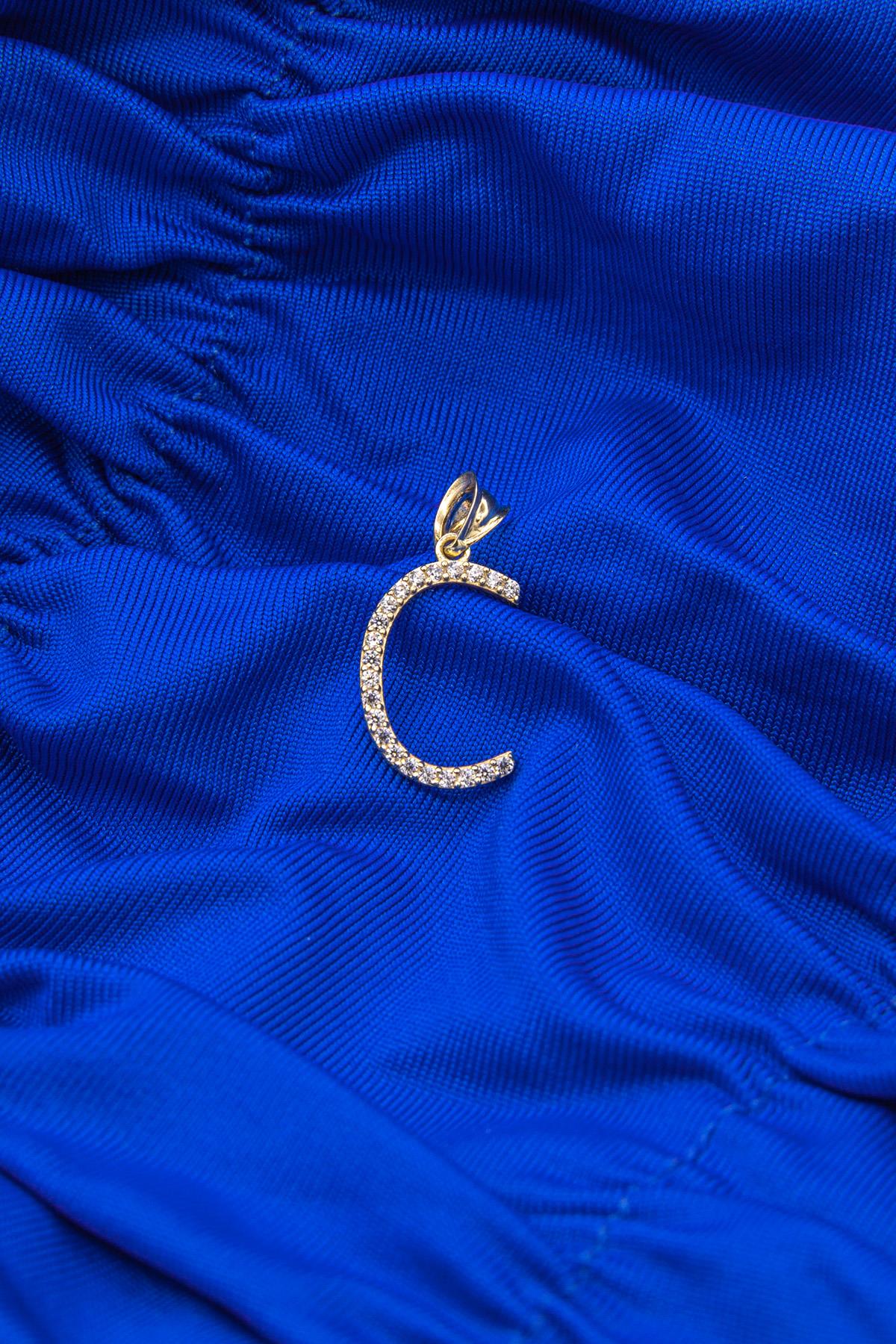 14K Gold Stone C Letter Charm