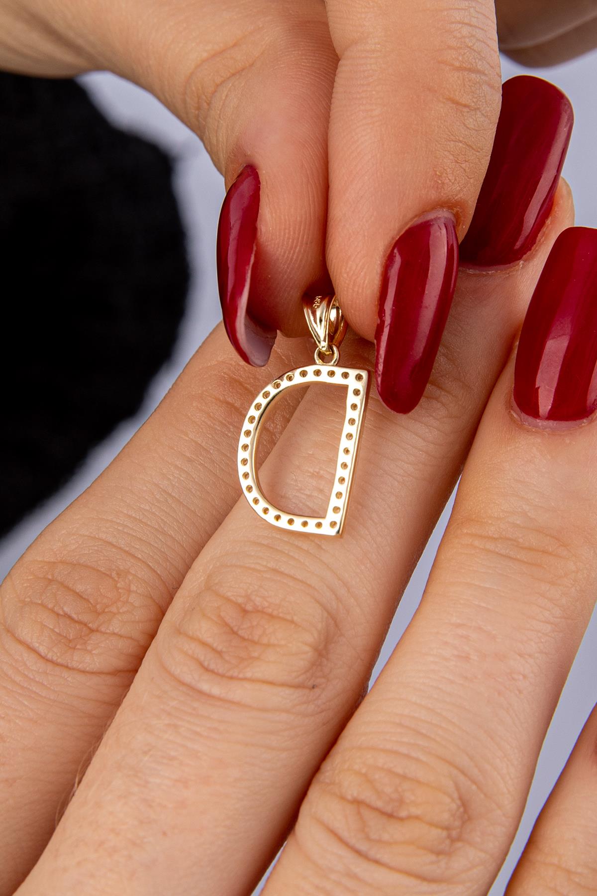 14K Gold Stone D Letter Charm