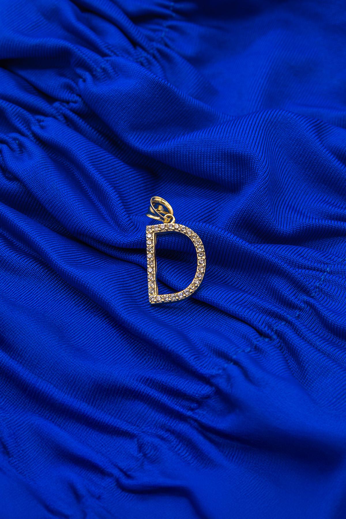 14K Gold Stone D Letter Charm