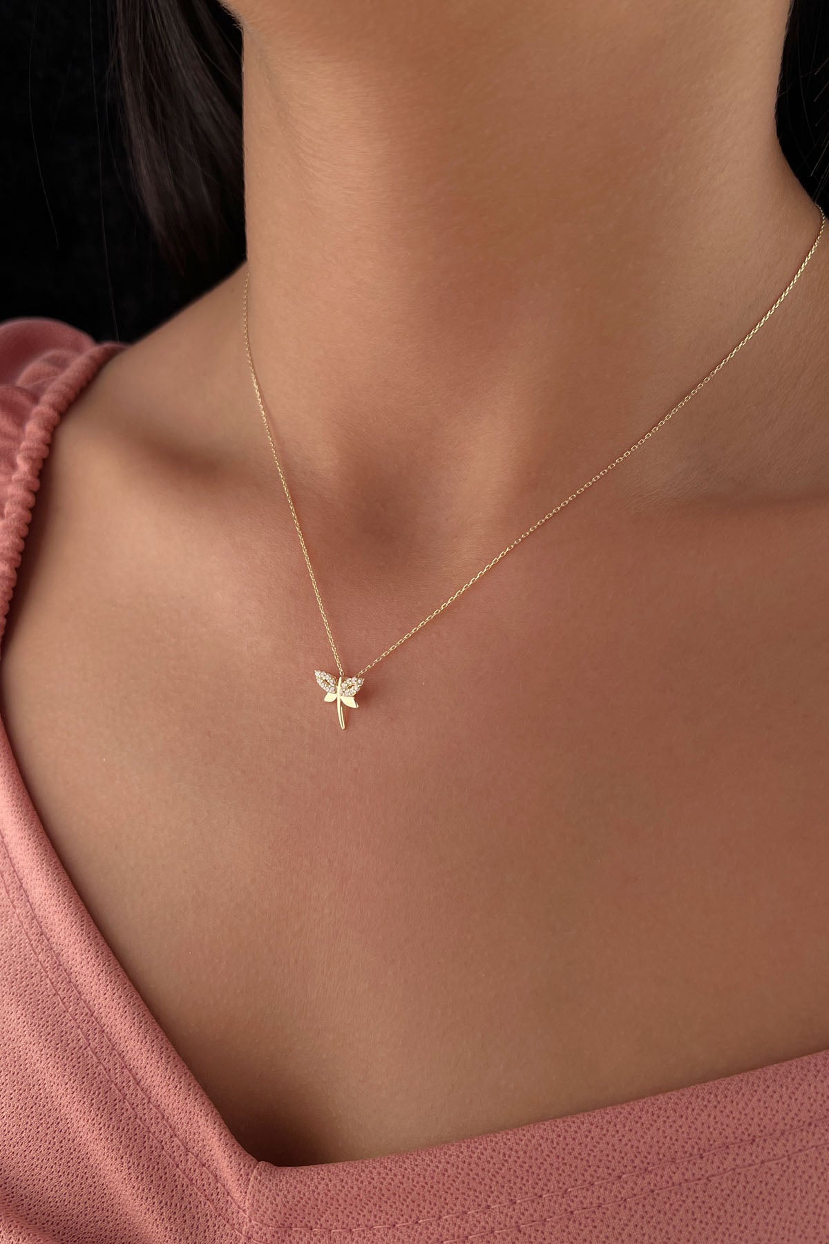 14K Gold Stone Dragonfly Necklace
