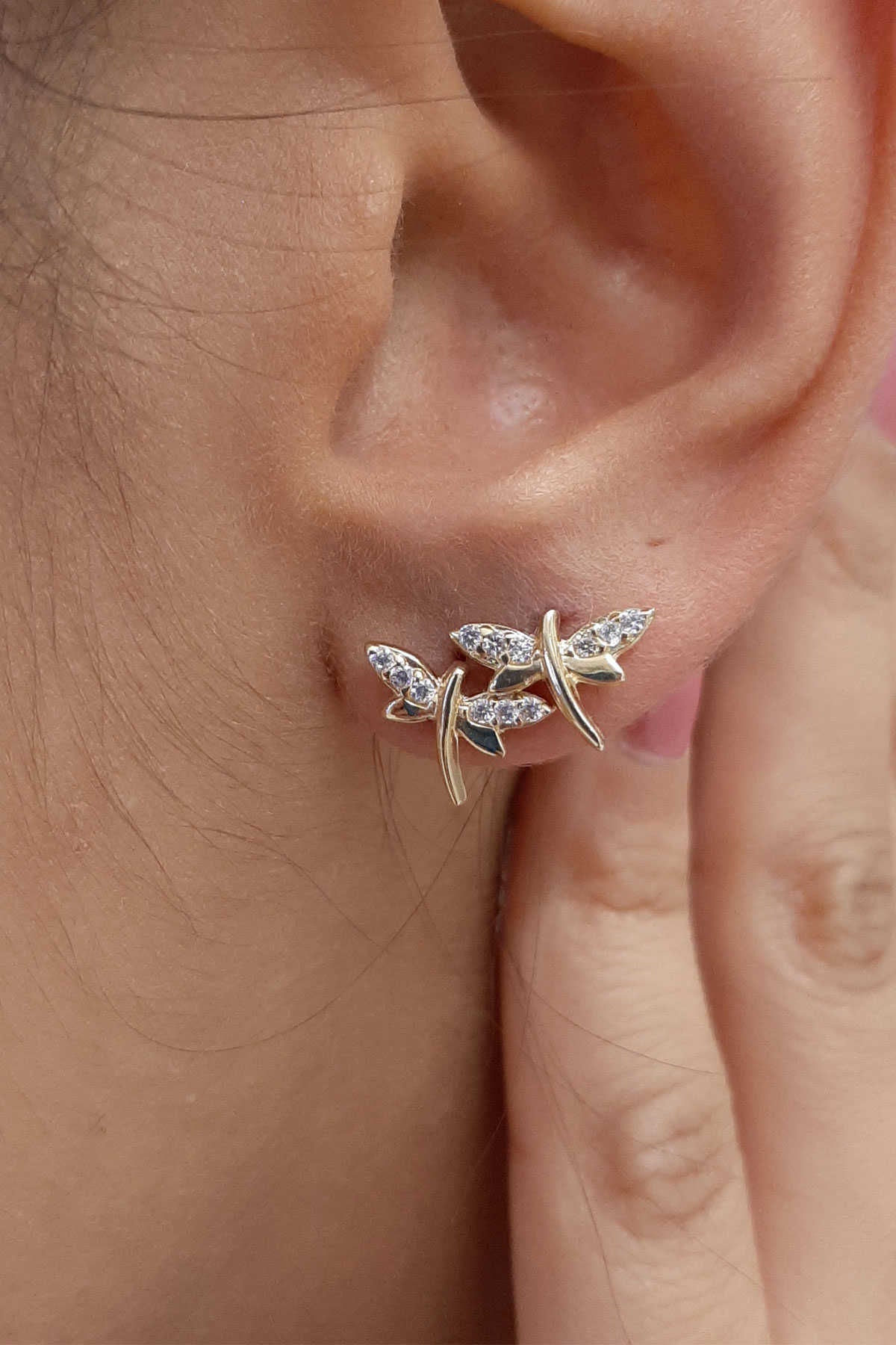 14K Gold Stone Dragonfly Shape Stud Earrings