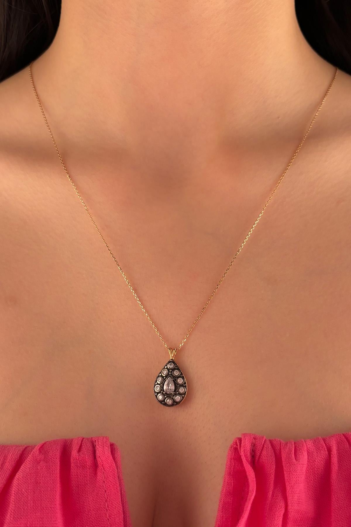 14K Gold Stone Drop Shape Necklace