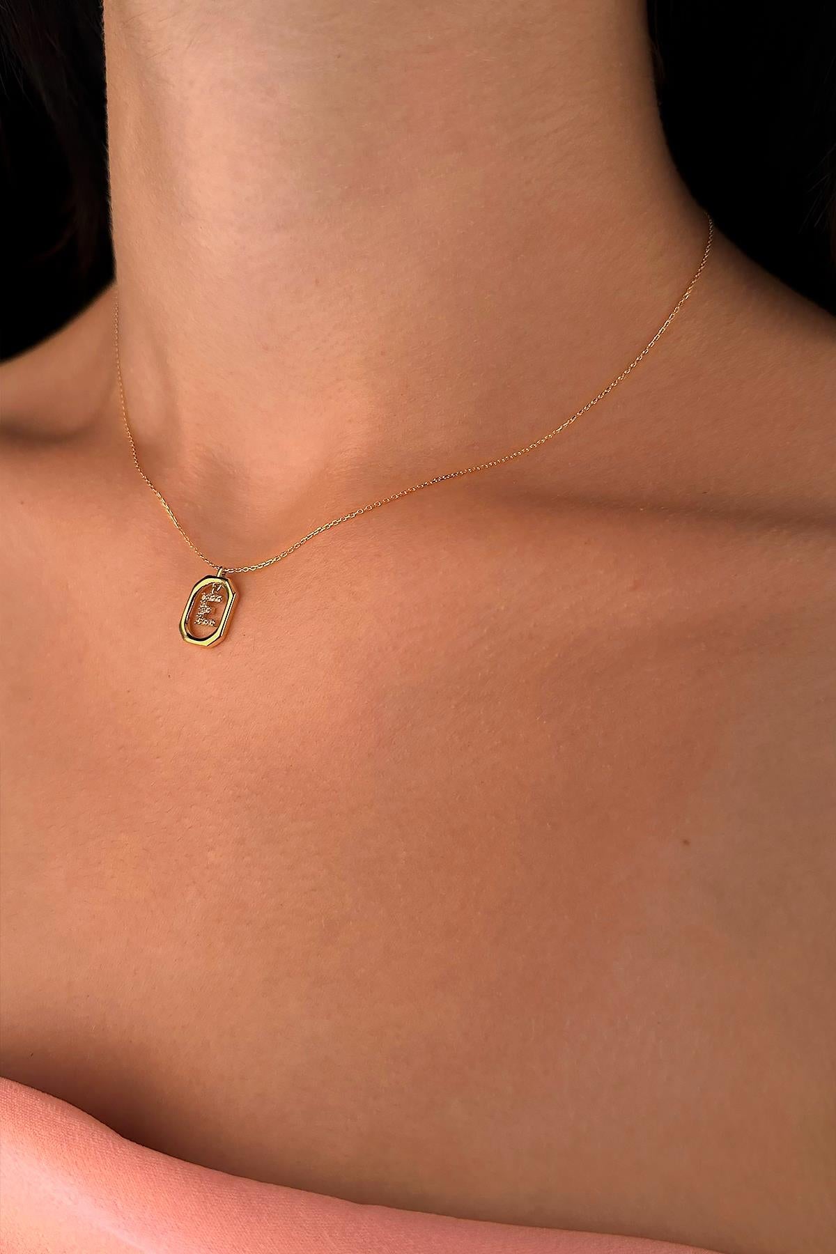 14K Gold Stone E Initial Necklace