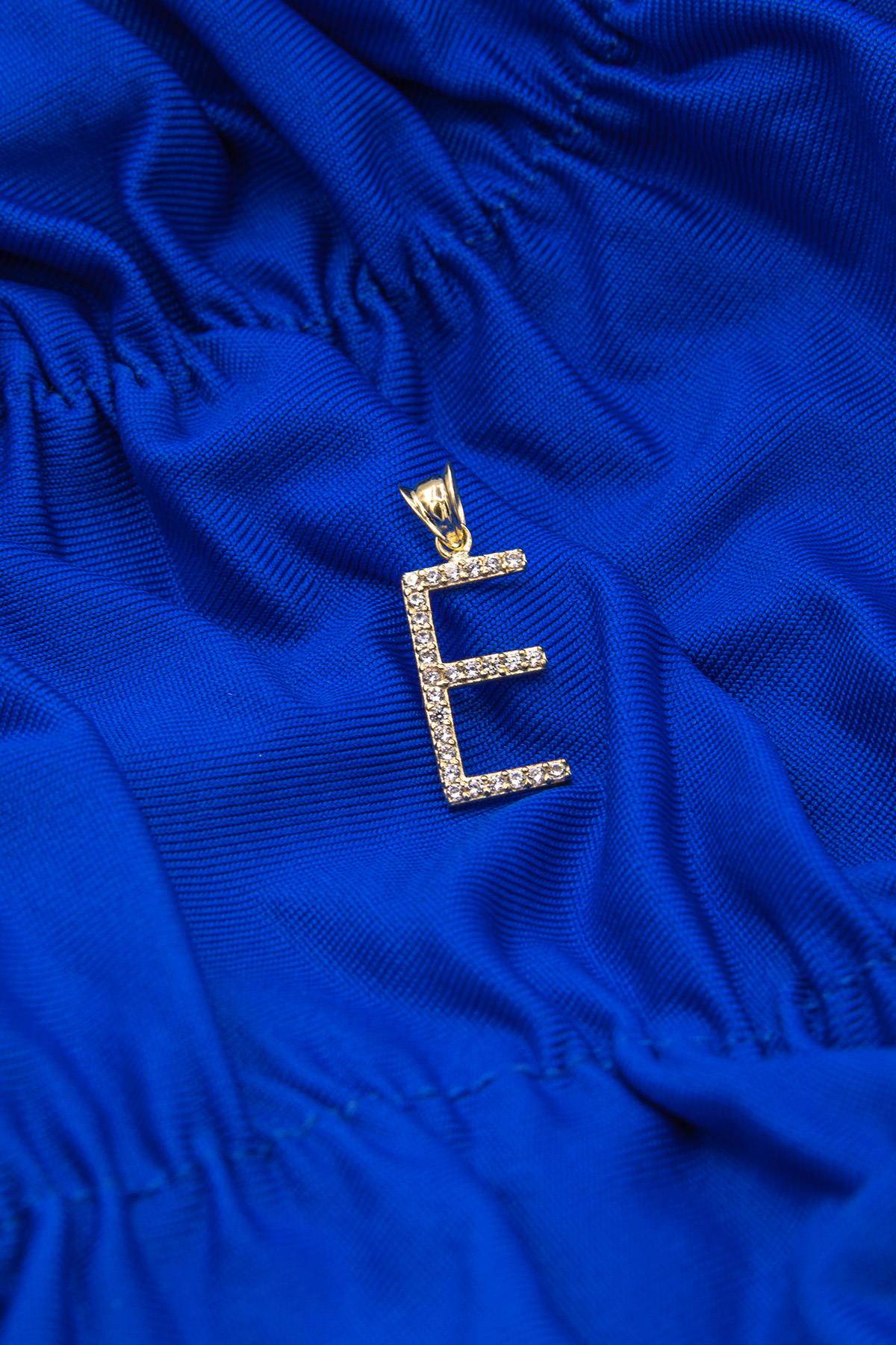 14K Gold Stone E Letter Charm