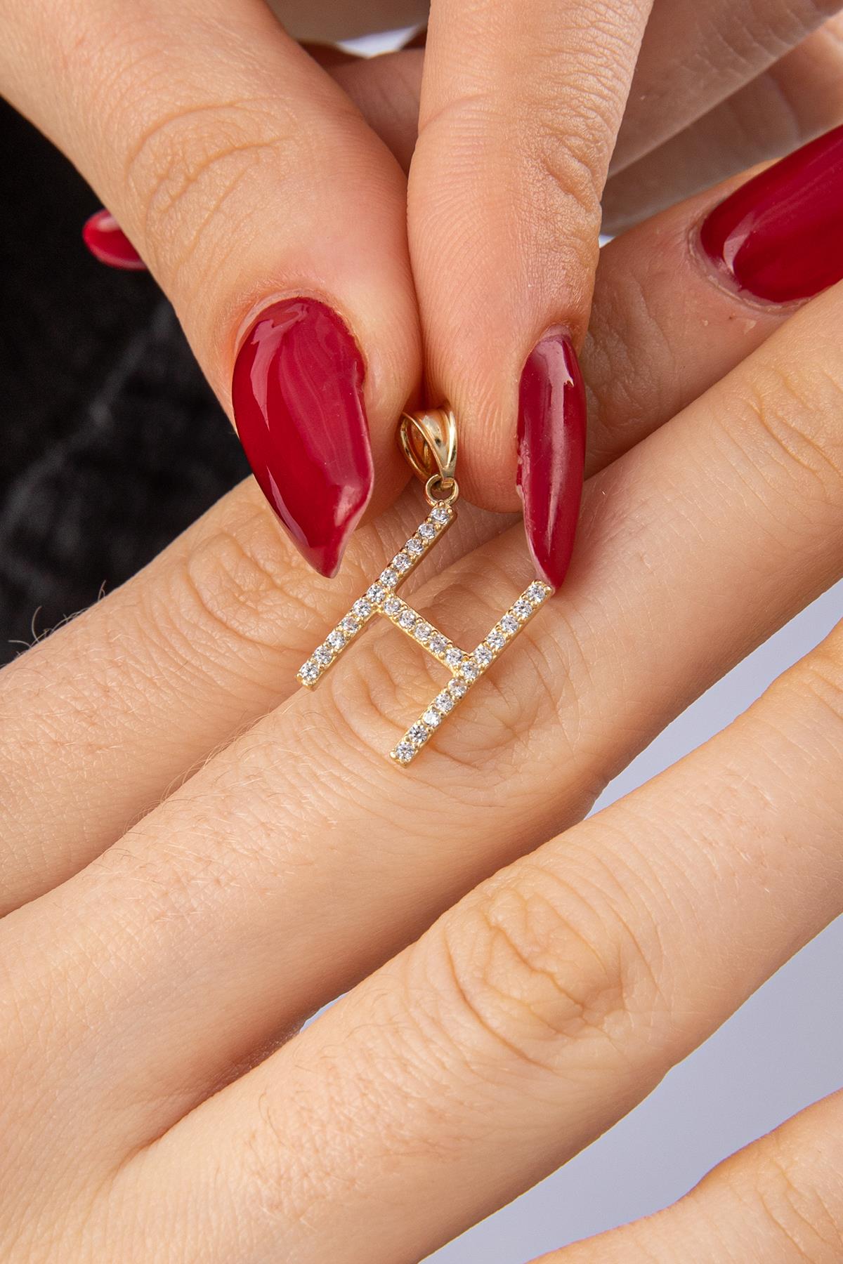 14K Gold Stone H Letter Charm