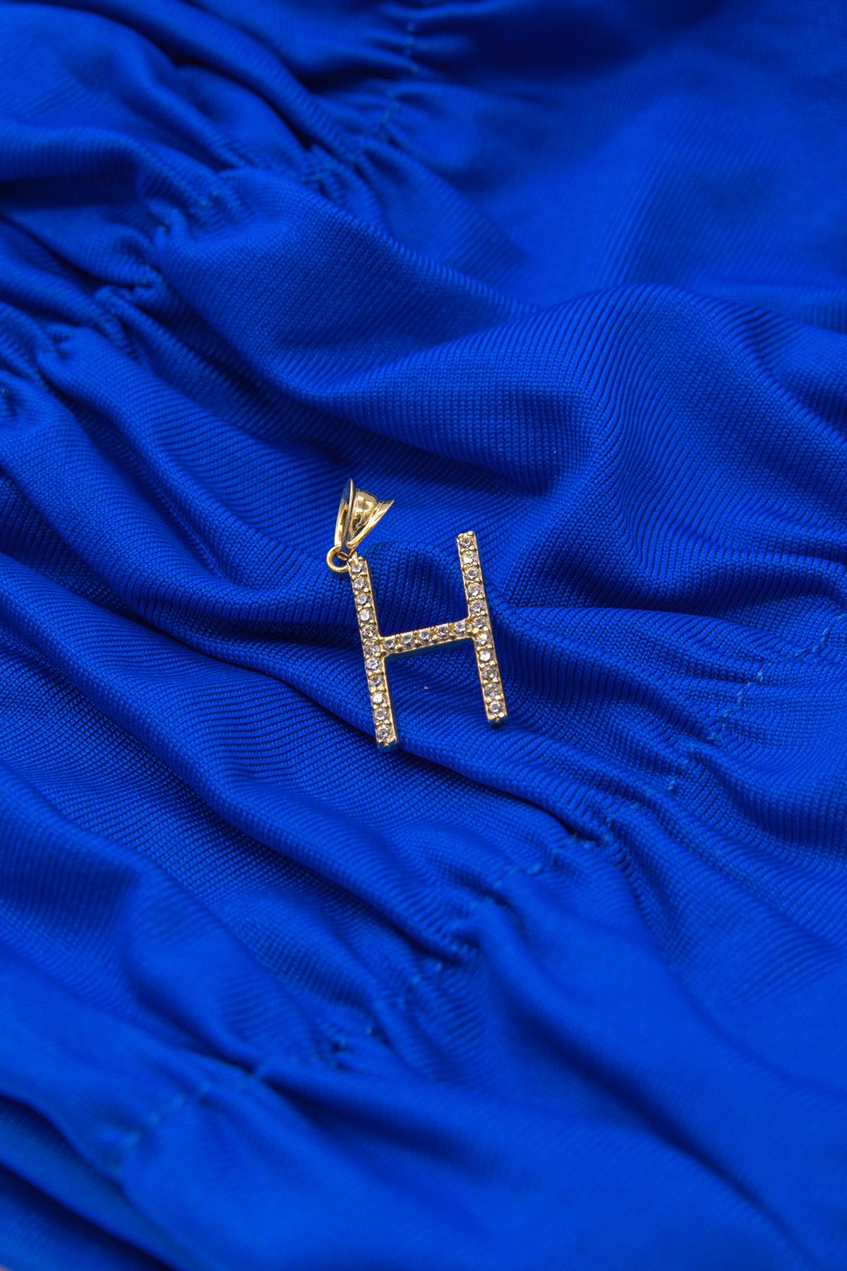 14K Gold Stone H Letter Charm