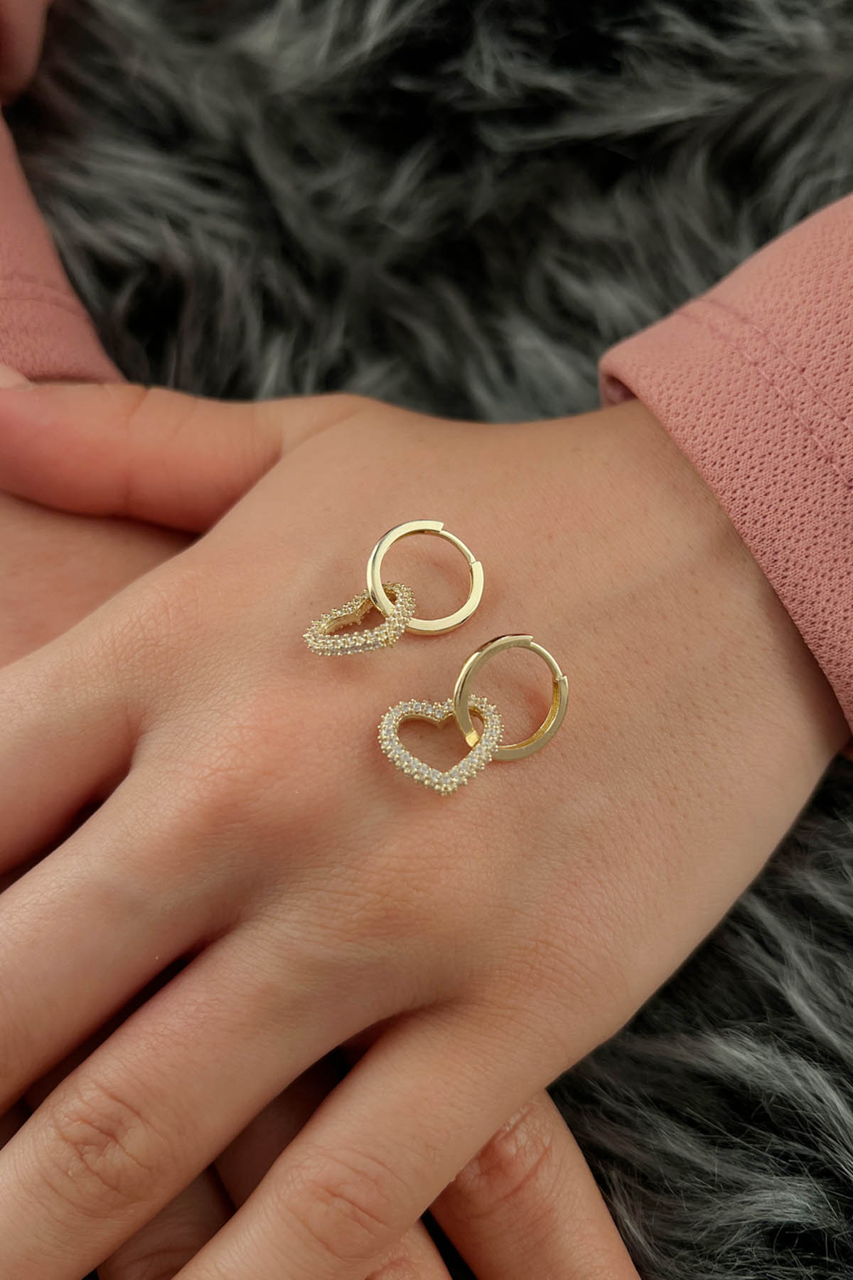 14K Gold Stone Heart Huggie Hoop Earrings
