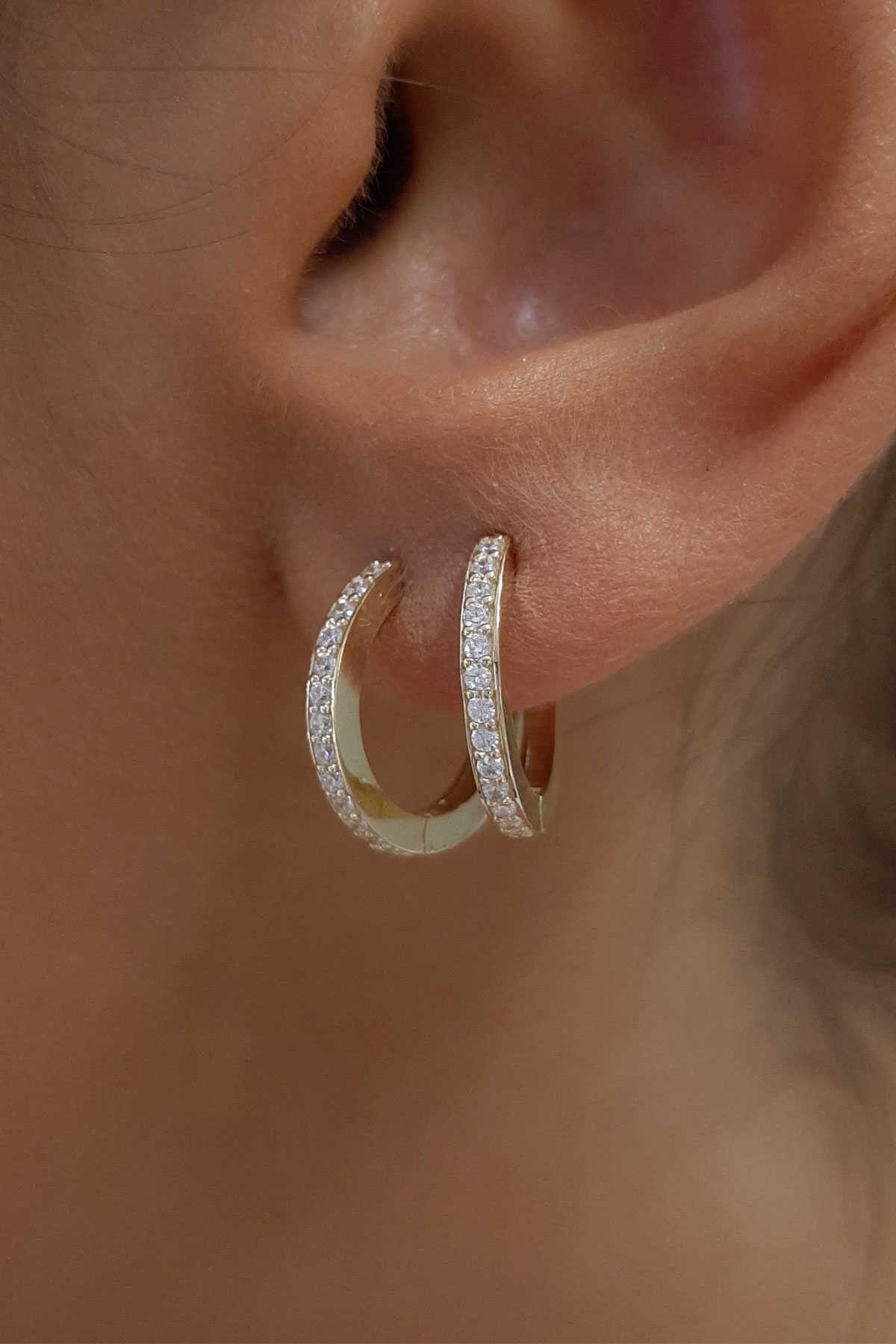 14K Gold Stone Huggie Hoop Earrings