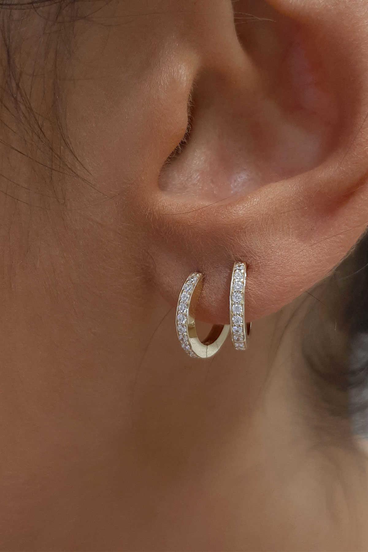 14K Gold Stone Huggie Hoop Earrings