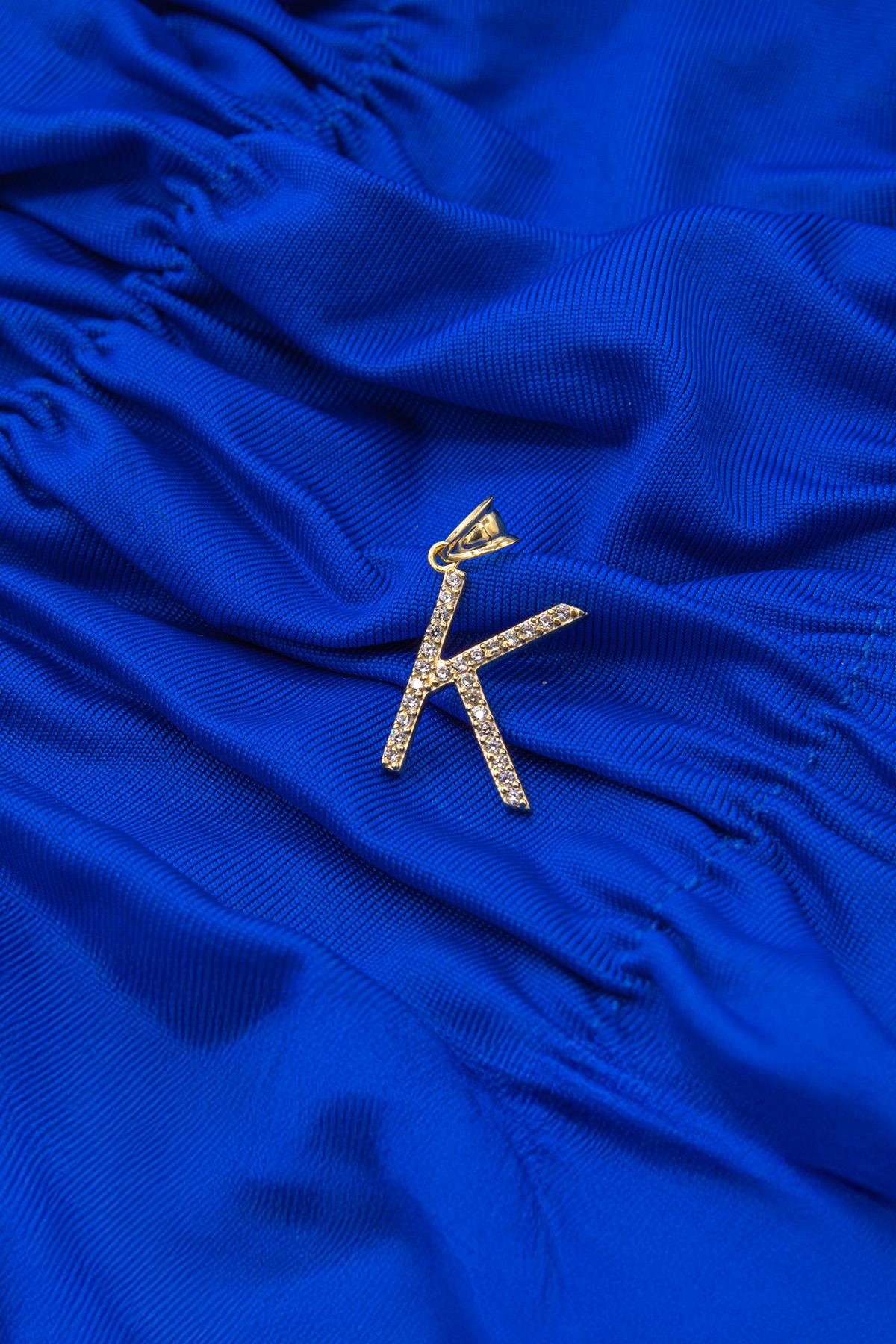 14K Gold Stone K Letter Charm
