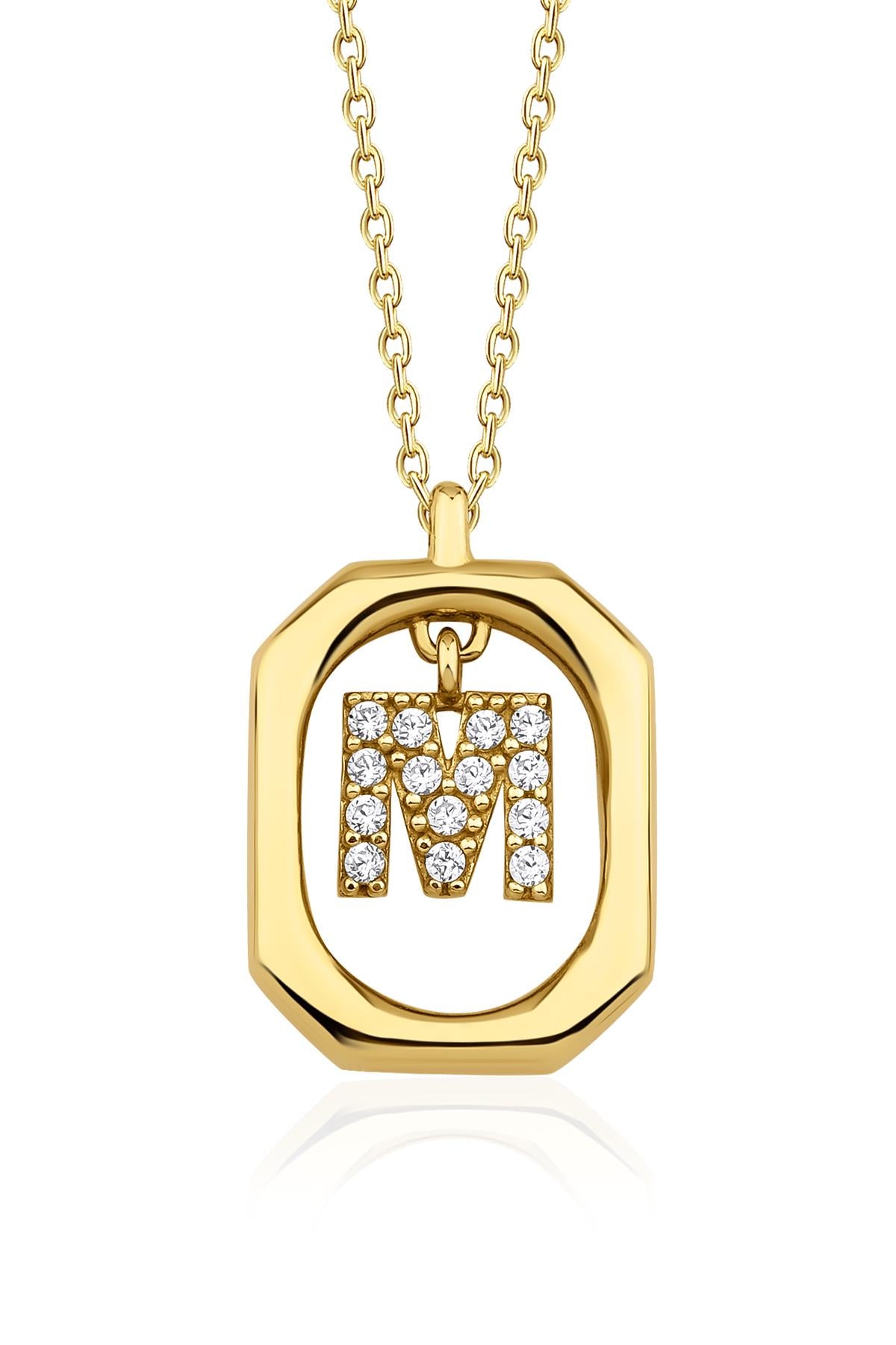 14K Gold Stone M Initial Necklace