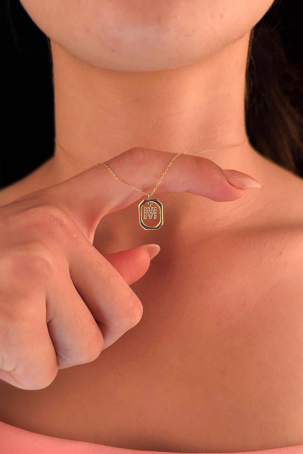 14K Gold Stone M Initial Necklace