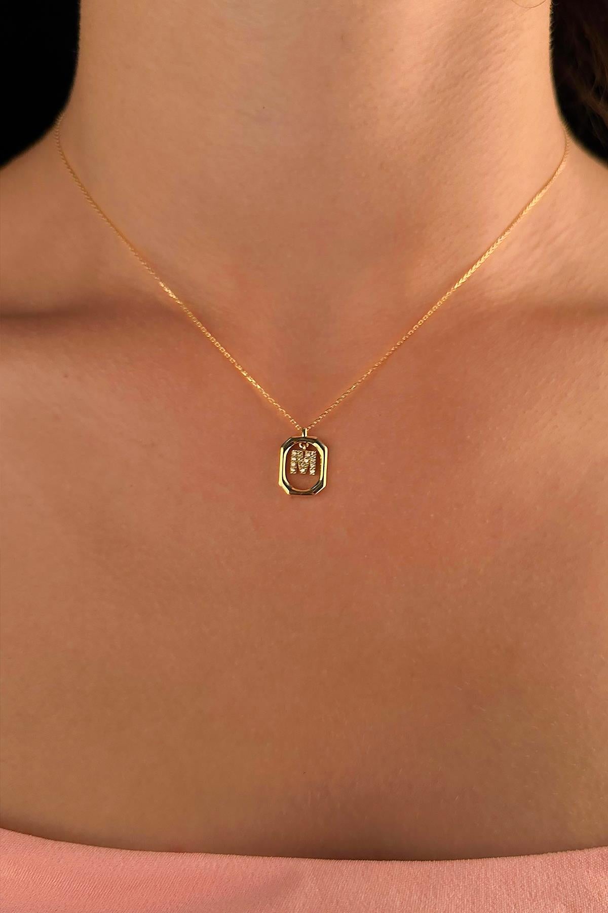 14K Gold Stone M Initial Necklace