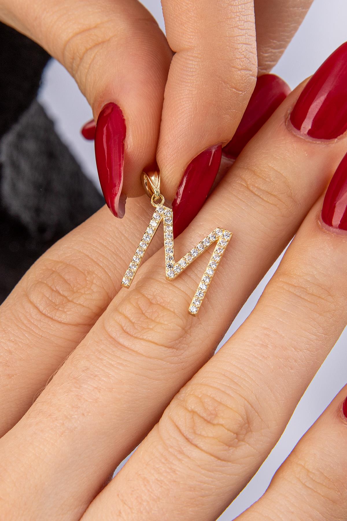 14K Gold Stone M Letter Charm