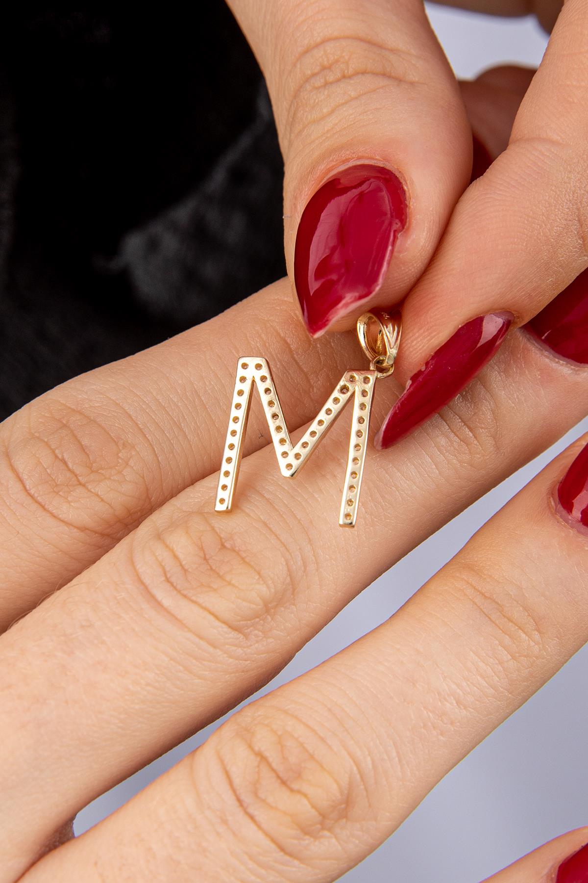 14K Gold Stone M Letter Charm