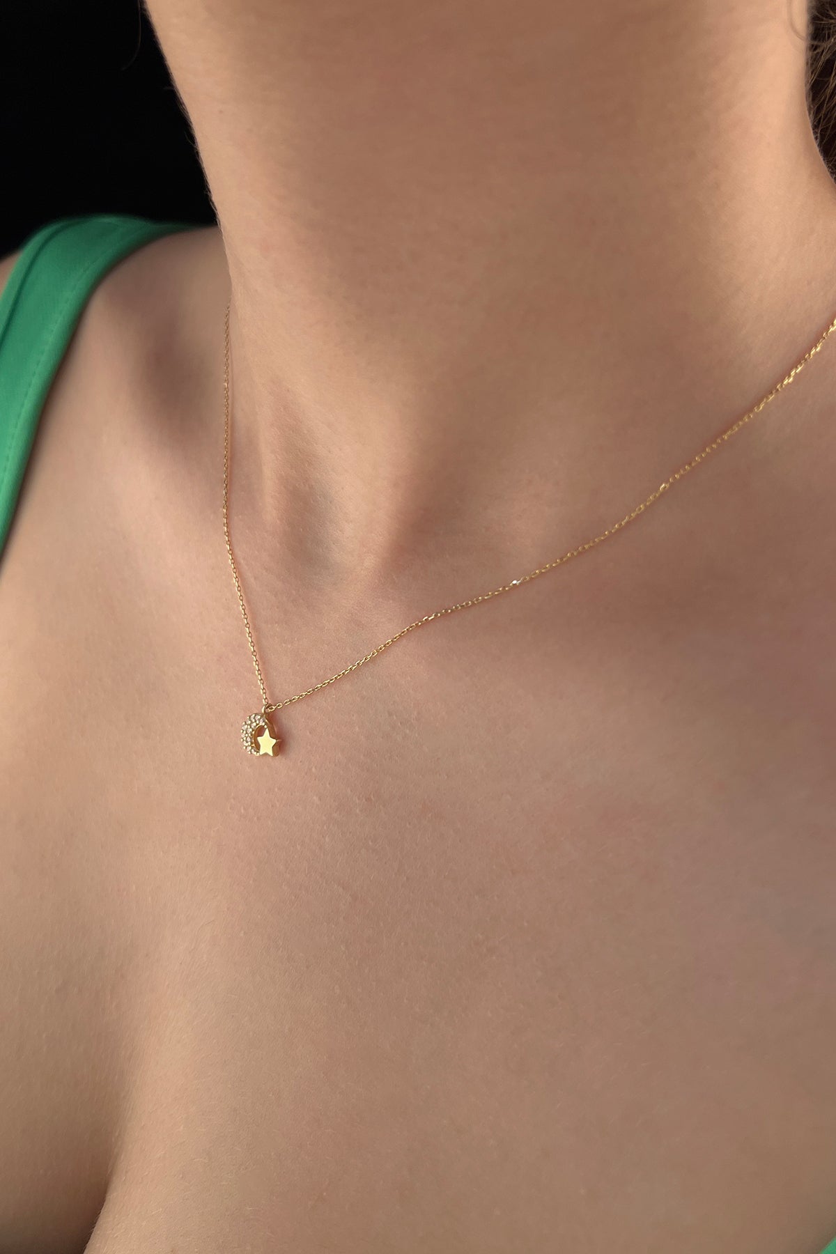 14K Gold Stone Moon Star Necklace