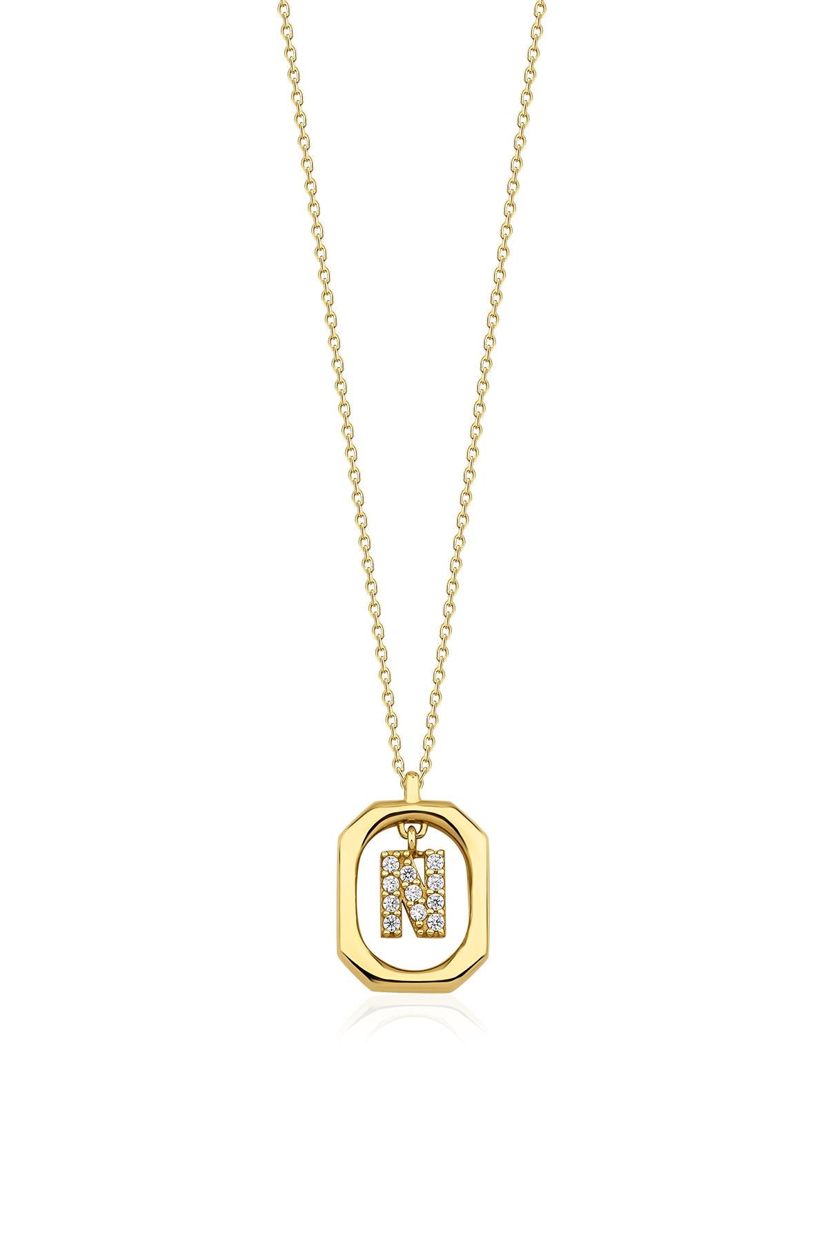 14K Gold Stone N Initial Necklace